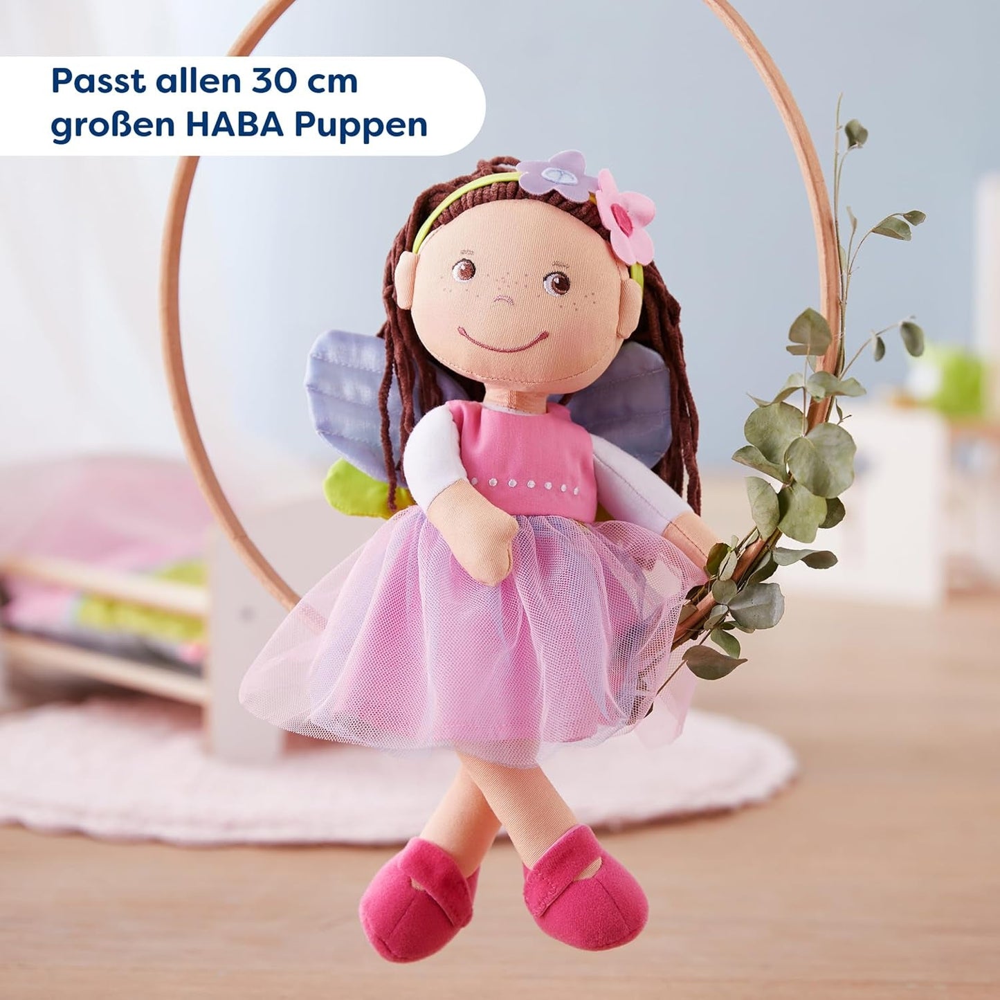 HABA Vêtements de poupée fée magique - Ensemble 2 pièces pour poupées de 18 mois et plus (30 cm) - Robe en tulle avec ailes, bandeau fleuri inclus - 1306243001