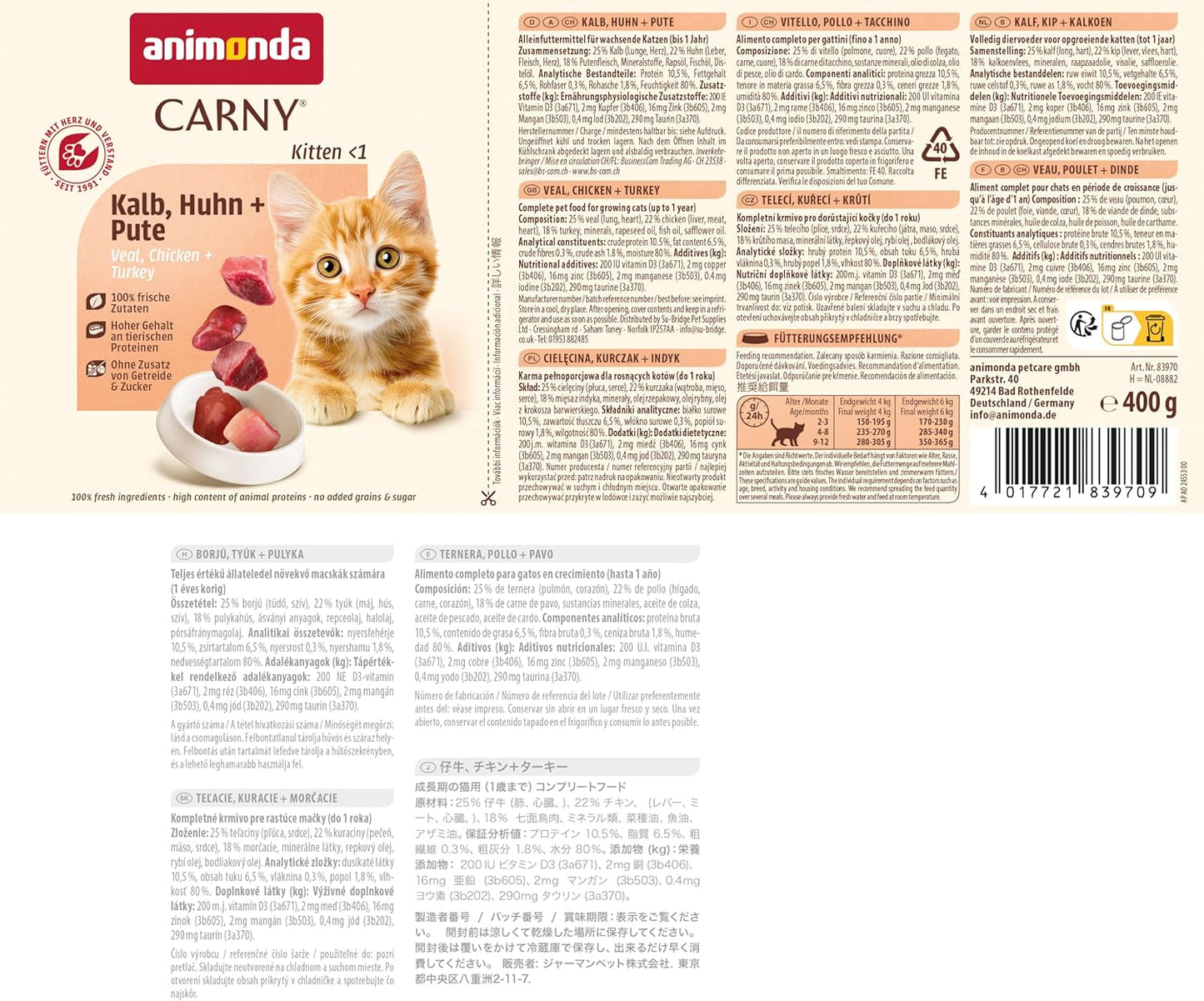 animonda Carny Katzen Nassfutter Kitten Chicken + Pute (12 x 400g), Kitten getreidefreies Katzennassfutter ohne Zucker für wachsende Kätzchen bis 1 Jahr, mit frischen Ingrédient