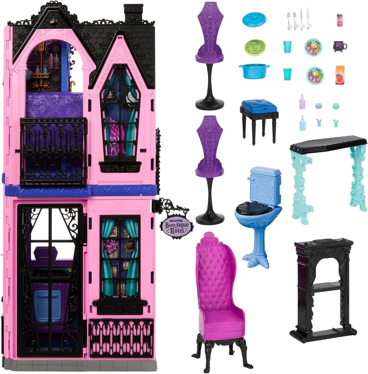 Monster High Buh-tique Hotel Dollhouse, ensemble de jeu pliable avec des surprises effrayantes dans chaque pièce et plus de 13 ensembles de jeu, y compris des meubles et des accessoires, JBF16