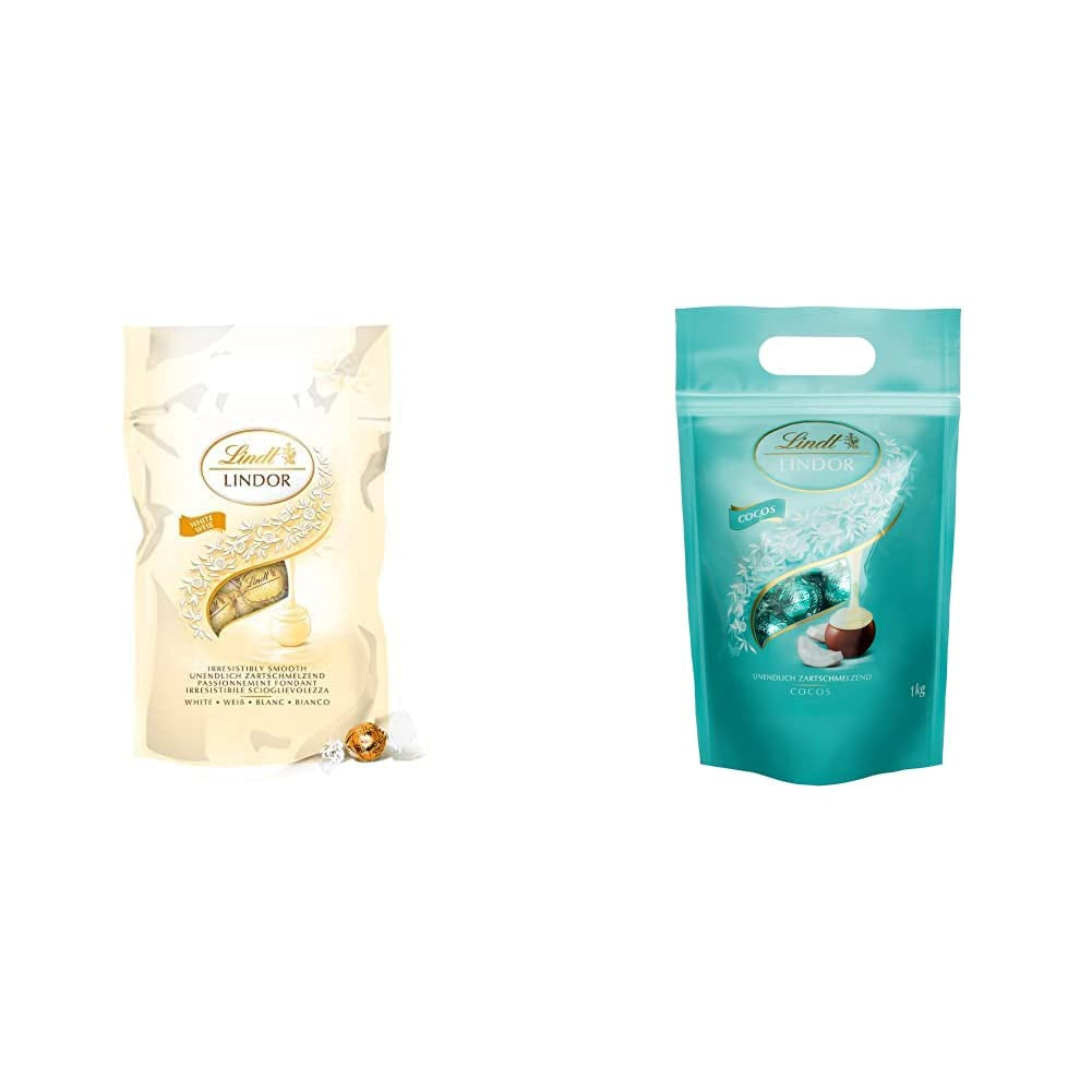 Boules de chocolat blanc LINDOR, 1 kg et LINDOR | Sac refermable de 1 kg | env. 80 boules de chocolat au lait fourrées à la menthe | Colis vrac, cadeau praliné, cadeau chocolat