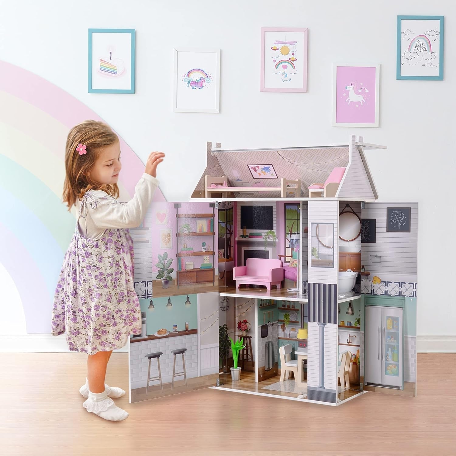 Olivia's Little World Dreamland Maison de poupée interactive en bois à 3 niveaux avec 13 accessoires de meubles de poupée Blanc TD-13632A