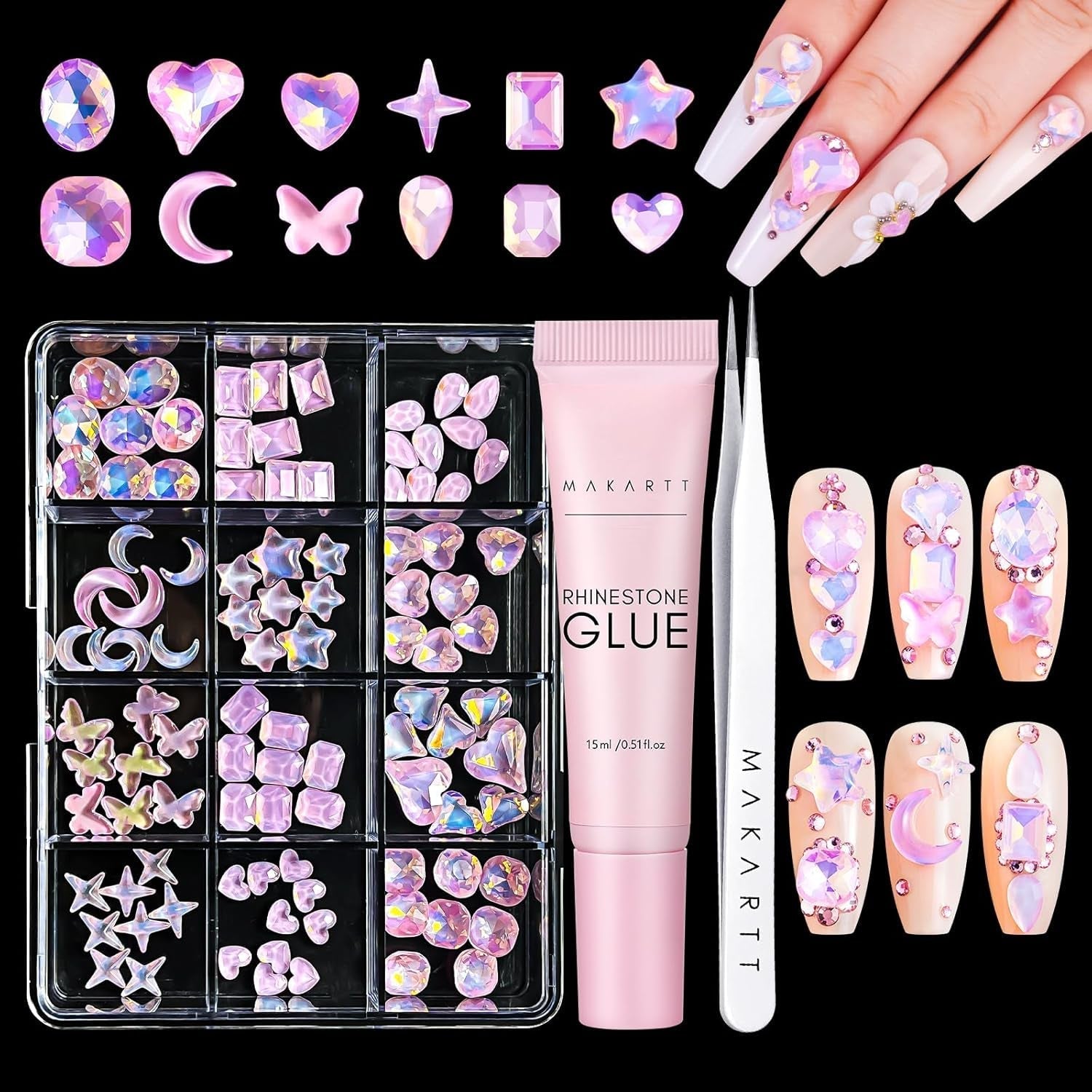 Makartt Gel adhésif pour strass – 15 ml de colle UV pour ongles avec breloques roses en forme de cœur, bijoux et accessoires de design d'ongles pour manucure à domicile, cadeau de Saint-Valentin