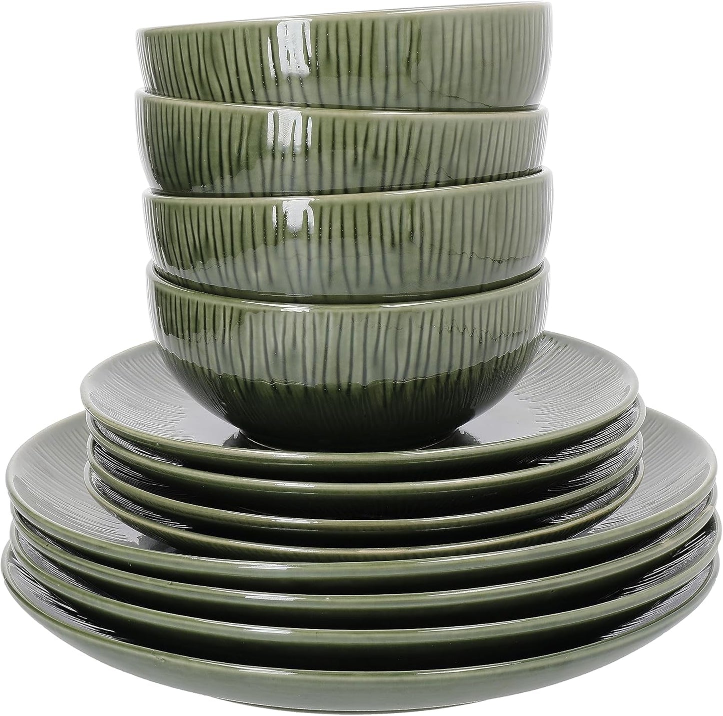 Mikasa Jardin Service de table 12 pièces, service de table en grès pour 4 personnes avec assiettes, assiettes latérales et bols, vert – Coffret cadeau et passe au lave-vaisselle