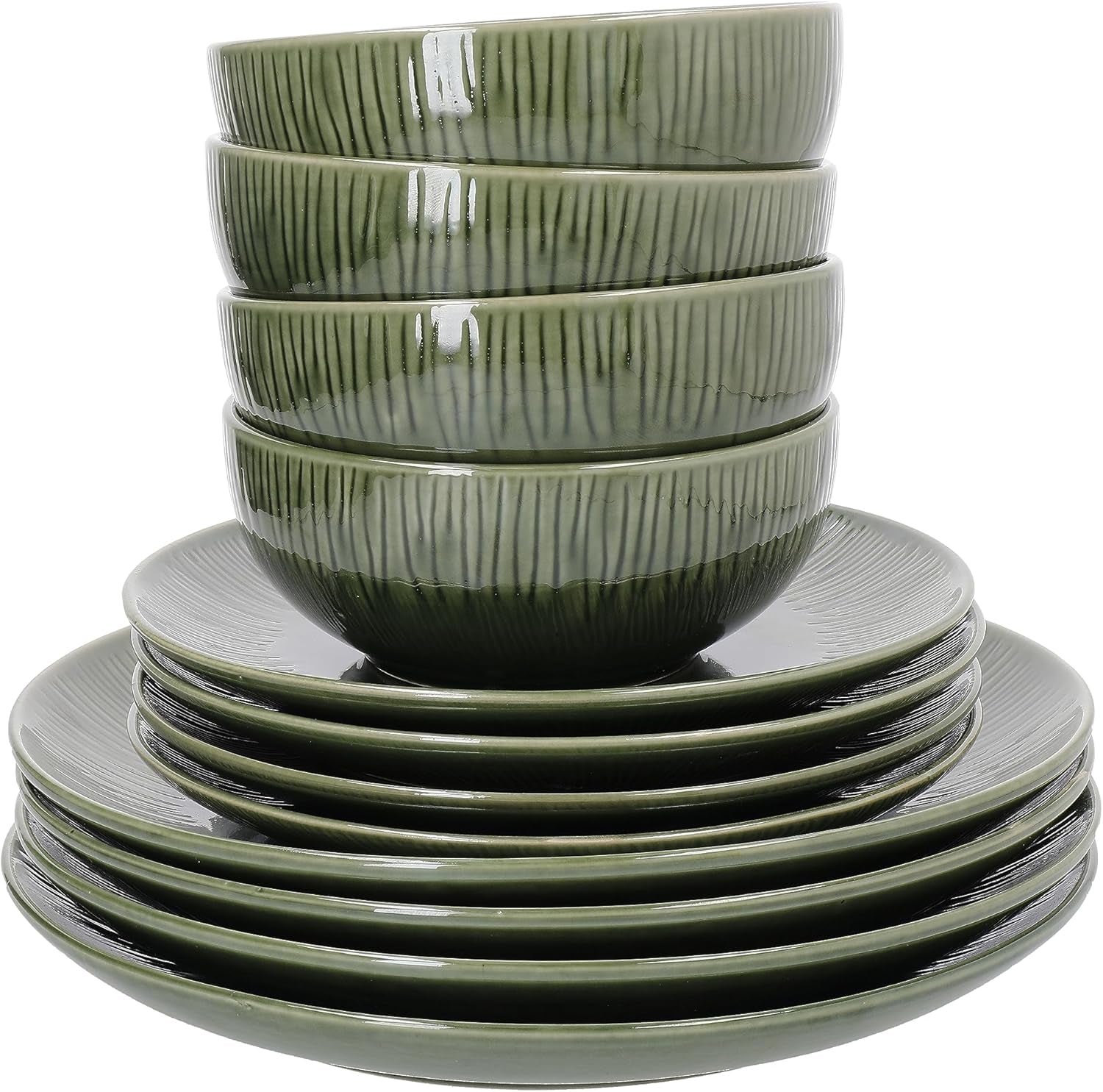 Mikasa Jardin Service de table 12 pièces, service de table en grès pour 4 personnes avec assiettes, assiettes latérales et bols, vert – Coffret cadeau et passe au lave-vaisselle