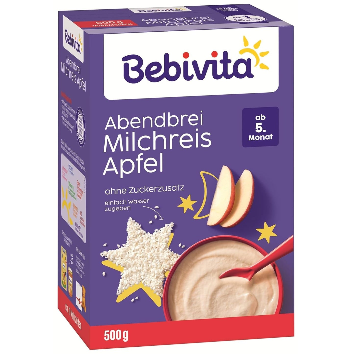 Riz au lait aux pommes et bouillie du soir (4x500g), bouillie de lait à partir de 5 mois, avec minéraux et vitamines précieux, sans sucre ajouté, très nourrissant
