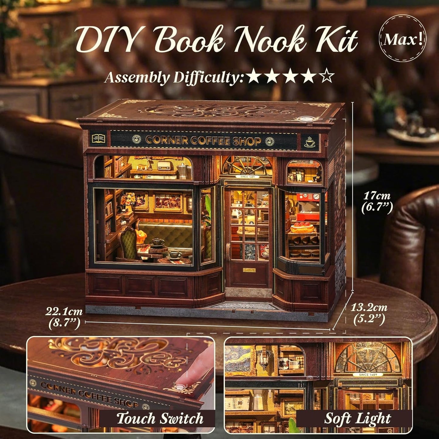 CUTEBEE Kit d'angle de livre – Maisons de poupée à monter soi-même, kit de construction de maison miniature éclairée par LED pour adultes, puzzle 3D en bois et support de livre – Décoration d'étagère et cadeau (coin café)