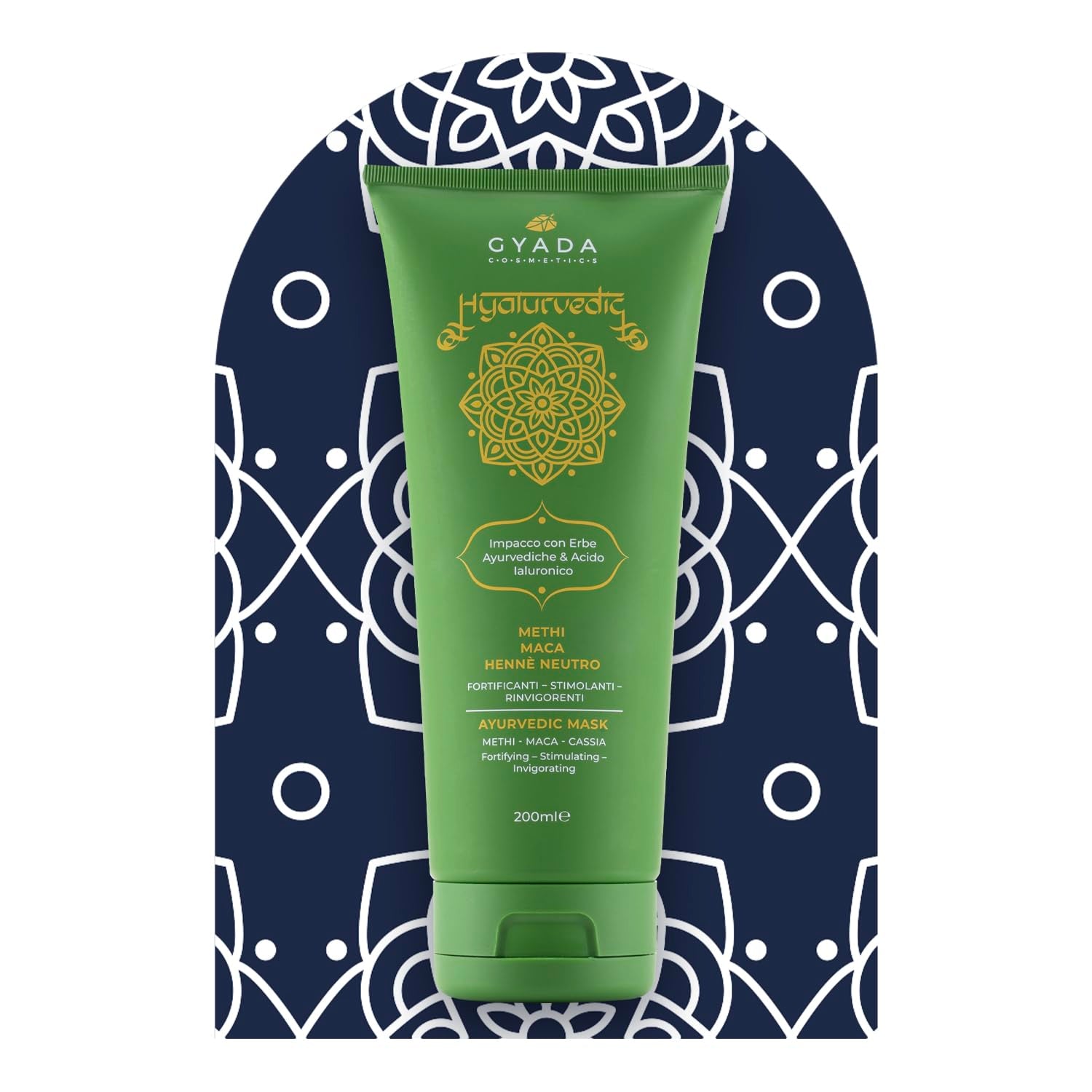 GYADA COSMETICS, Compresse Ayurvédique Renforçante Hyalurvédique, Traitement Professionnel pour Cheveux Fins et Faibles, Anti-Frizz au Methi, Maca, Henné Neutre, Masque Capillaire Naty Shop 200 ml