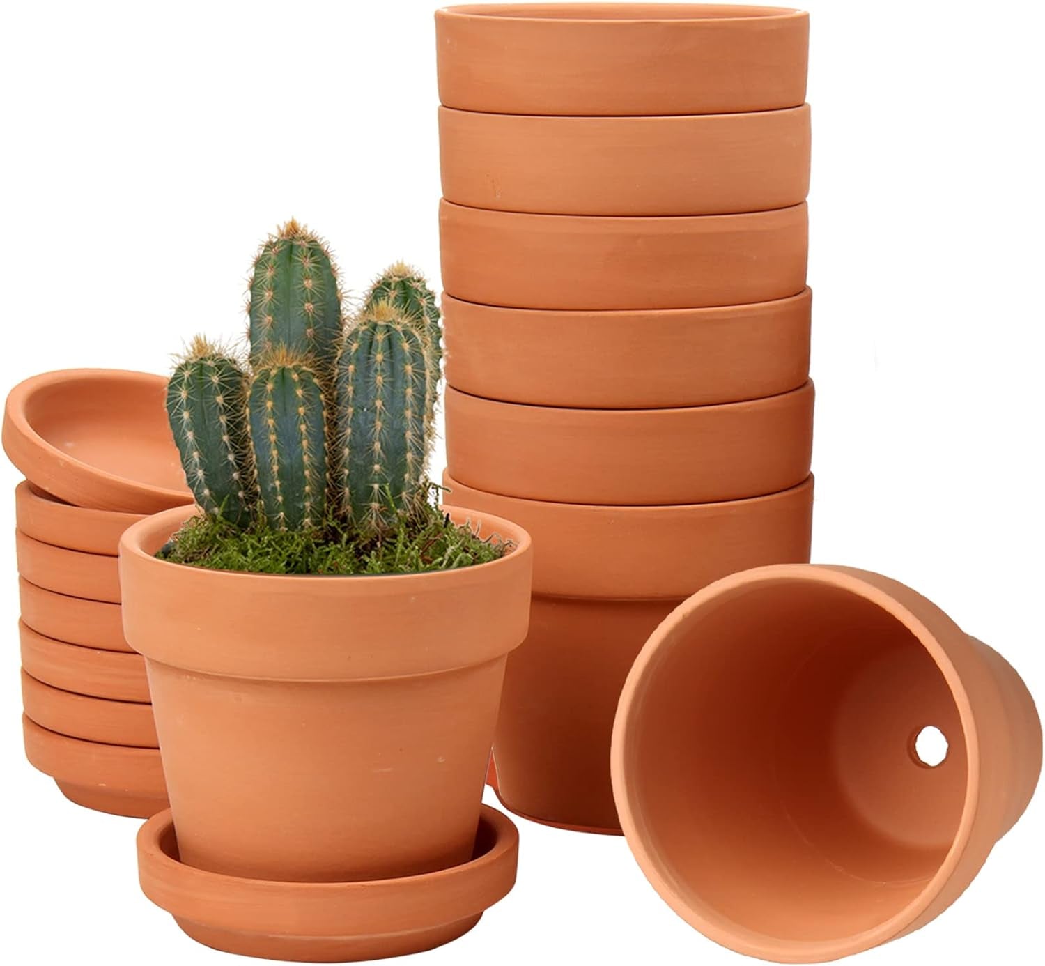 Hollyone Lot de 8 petites jardinières en terre cuite, pots ronds en argile de 8 x 8 cm avec plaque et trou de drainage, petites jardinières avec plateau, pots succulents en terre cuite pour plantes d'intérieur, jardinières en céramique