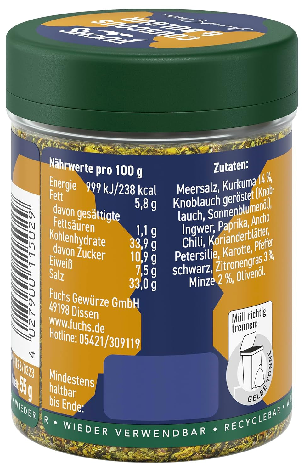 Fuchs Spices Gourmet Selection Moyen-Orient/Afrique - Mélange d'épices pour couscous et boulgour Mélange d'épices rechargeable pour assaisonner les plats de boulgour végétalien 55 g