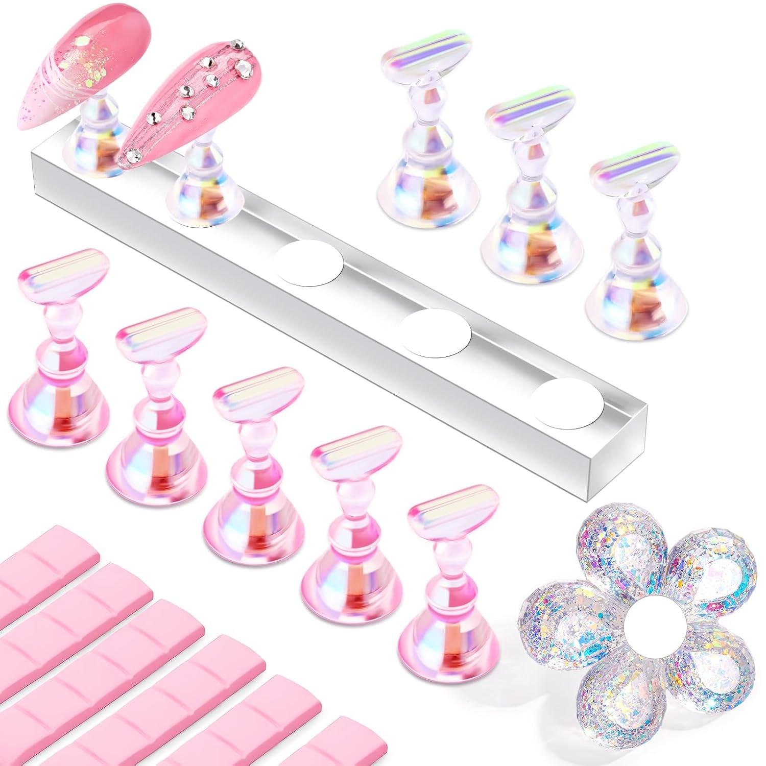 Makartt Porte-ongles en acrylique, Porte-ongles magnétique, Porte-ongles, Porte-ongles rose transparent avec 48 mastics adhésifs