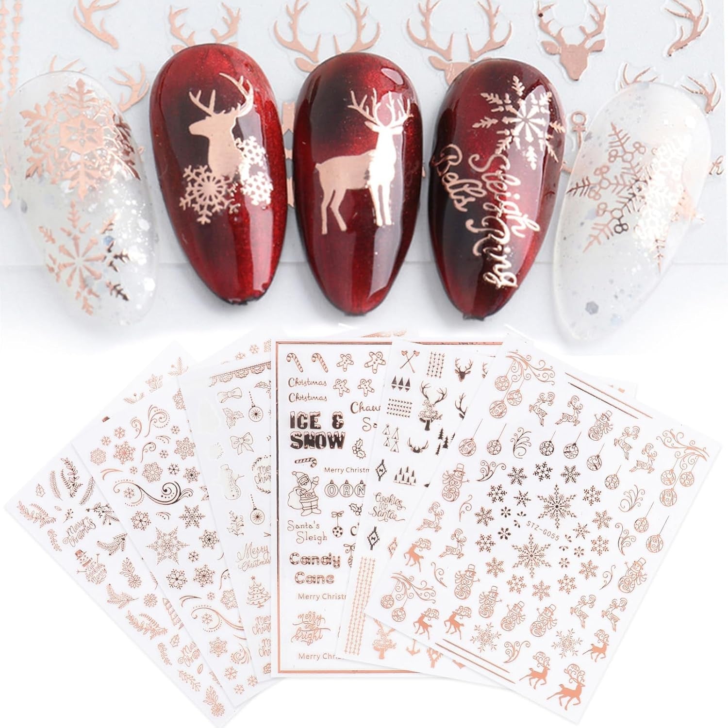 9 Blatt Nagelsticker Weihnachten Nagelaufkleber Selbstklebend Weiß Rentier Schneemann Nail Art Sticker Dekoration Nageldesign Zubehör