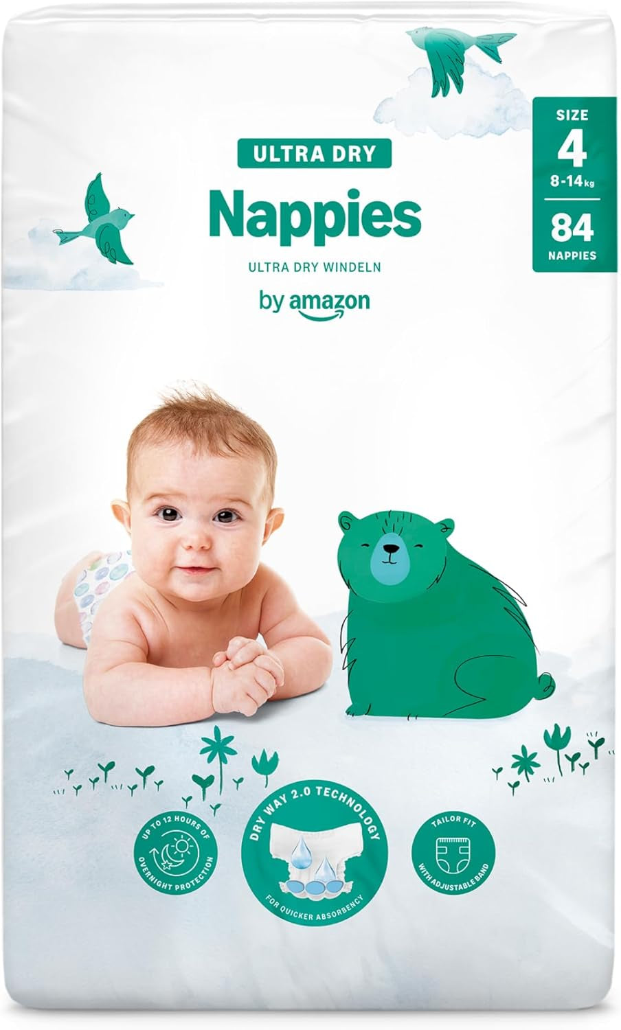 Couches Amazon Ultra Dry, taille 1 (2-5 kg) – Boîte mensuelle, blanche, 96 pièces (2 paquets de 48) (anciennement marque Mama Bear, produit identique)