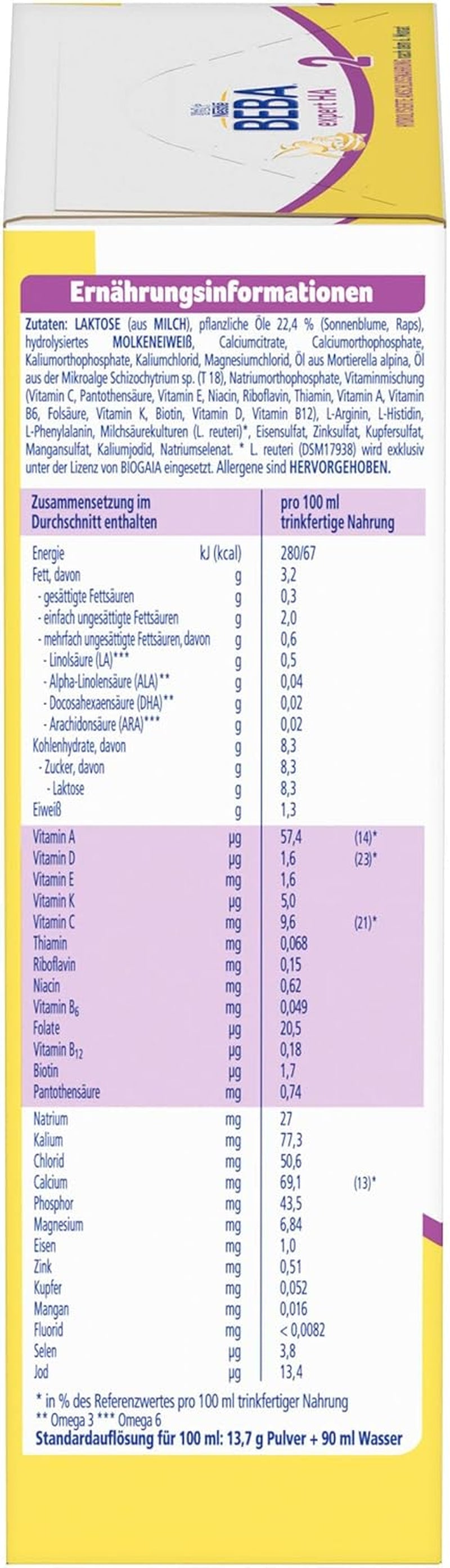 BEBA Expert HA 2 Lait de suite après 6 mois, aliment bébé aux protéines hydrolysées, lactose uniquement, sans huile de palme, lot de 6 (6 x 550 g) Naty Shop