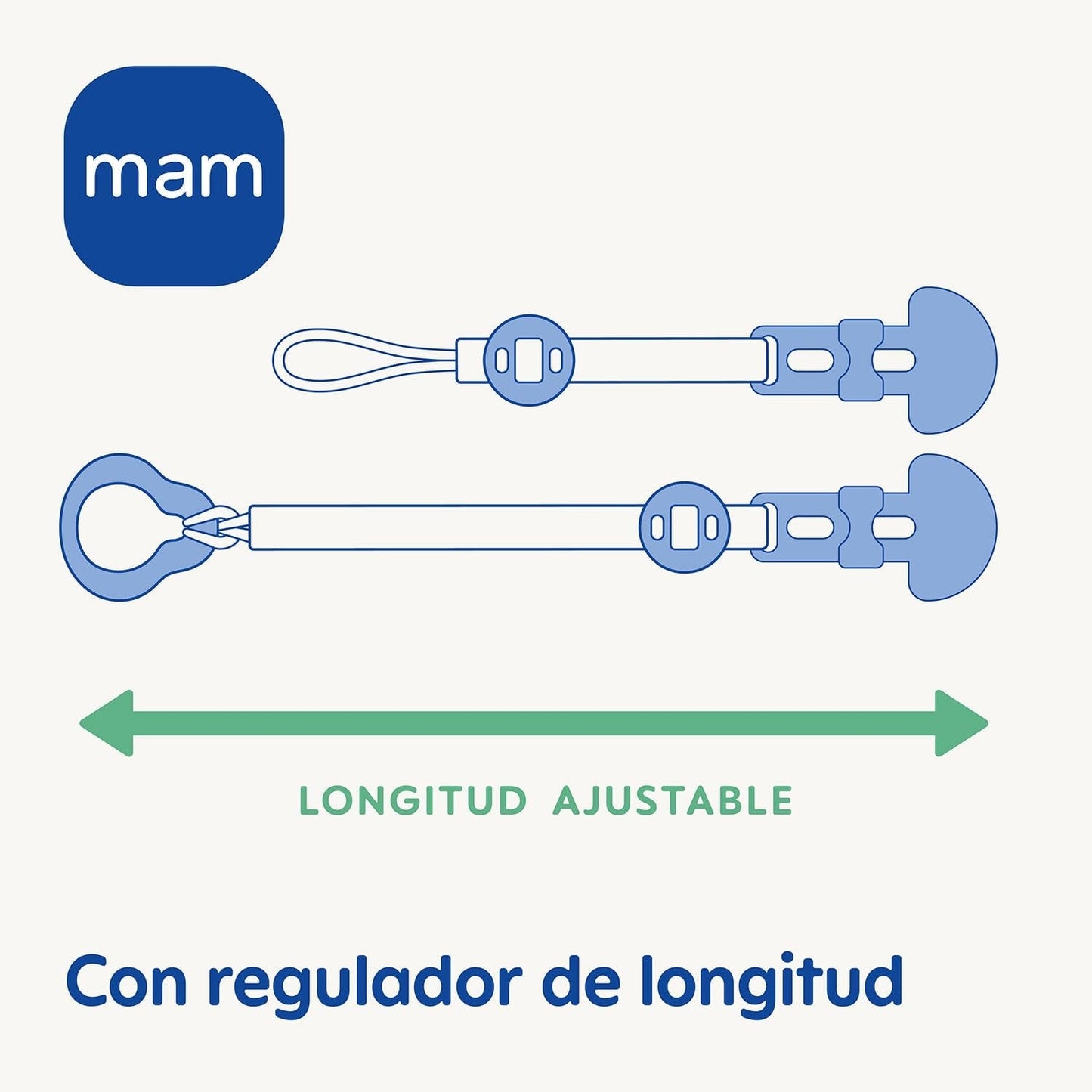 Sucette MAM, adaptée à tous types de tétines, anneaux de dentition et jouets, longueur réglable, avec cache-tétine, lavable, bleue, 1 pièce