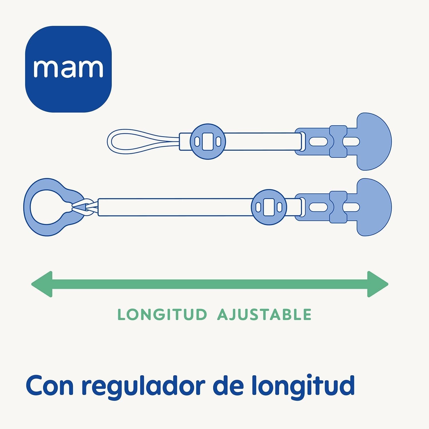 Sucette MAM, adaptée à tous types de tétines, anneaux de dentition et jouets, longueur réglable, avec cache-tétine, lavable, bleue, 1 pièce
