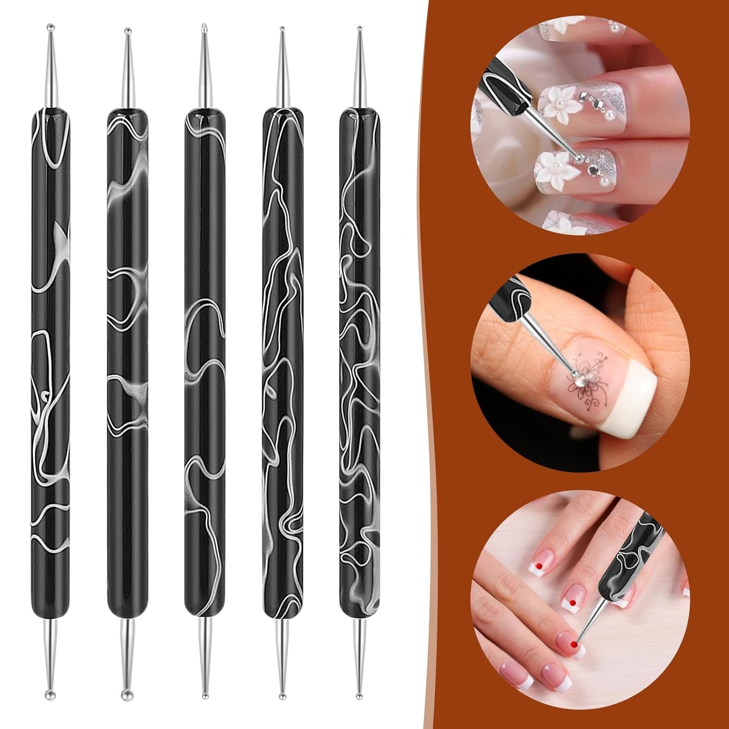 5 pièces d'outils de pointage de conception d'ongles, outil de travail de peinture, pointe de broche, outil de marbrage, outil de marbrage pour manucure de vernis à ongles, noir