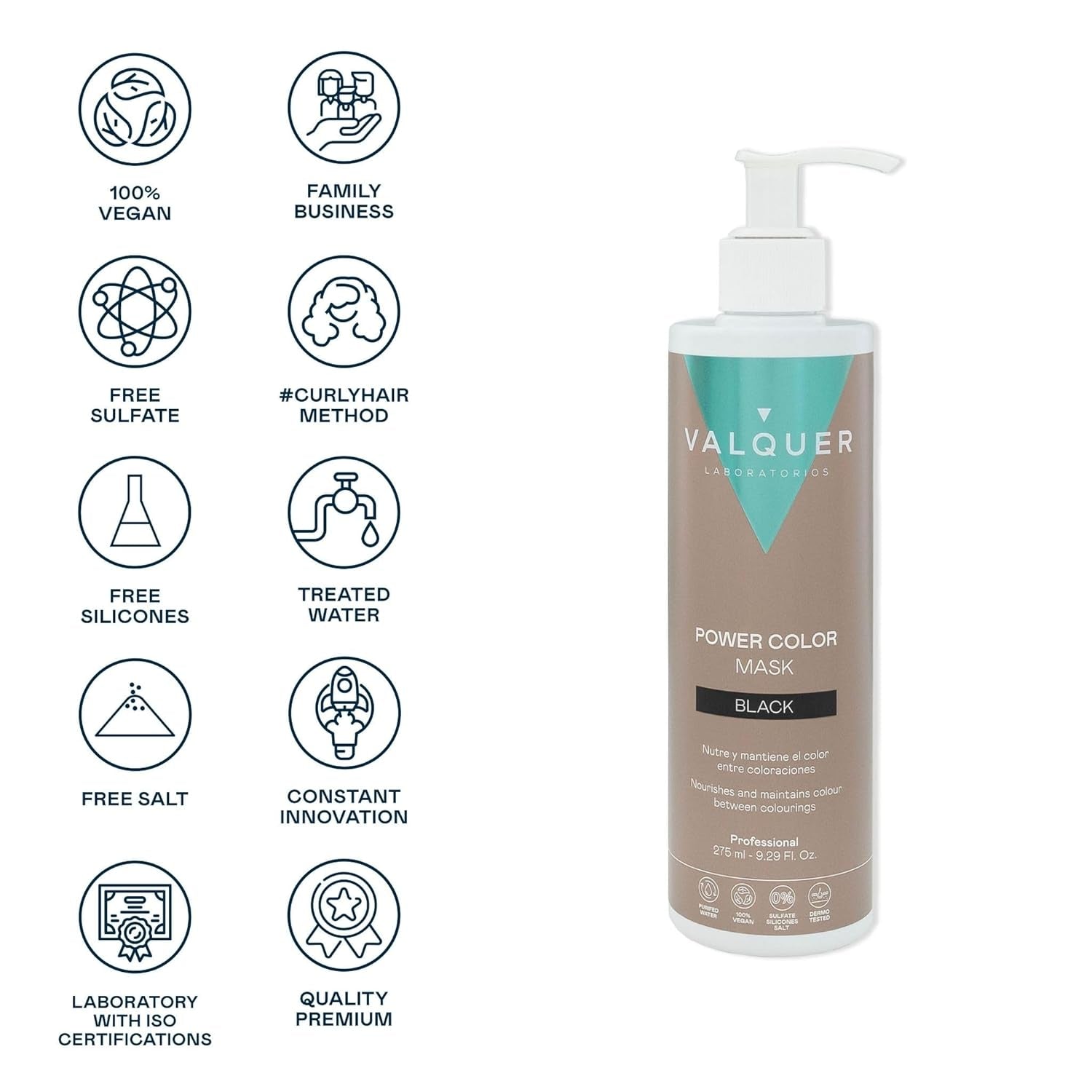 Valquer Power Color Mask formulation végétalienne et sans silicone Donne de la couleur aux cheveux 290 ml noir Masque capillaire Naty Shop