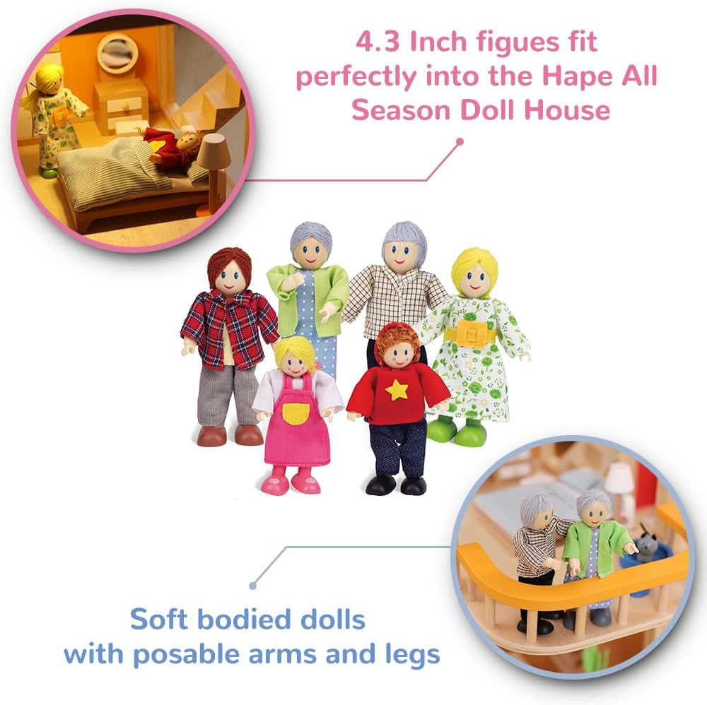 Hape Doll Family Ensemble familial de poupées primées Accessoire de maison de poupée en bois unique Jeu fantastique 6 membres de la famille de poupées Naty Shop Dolls