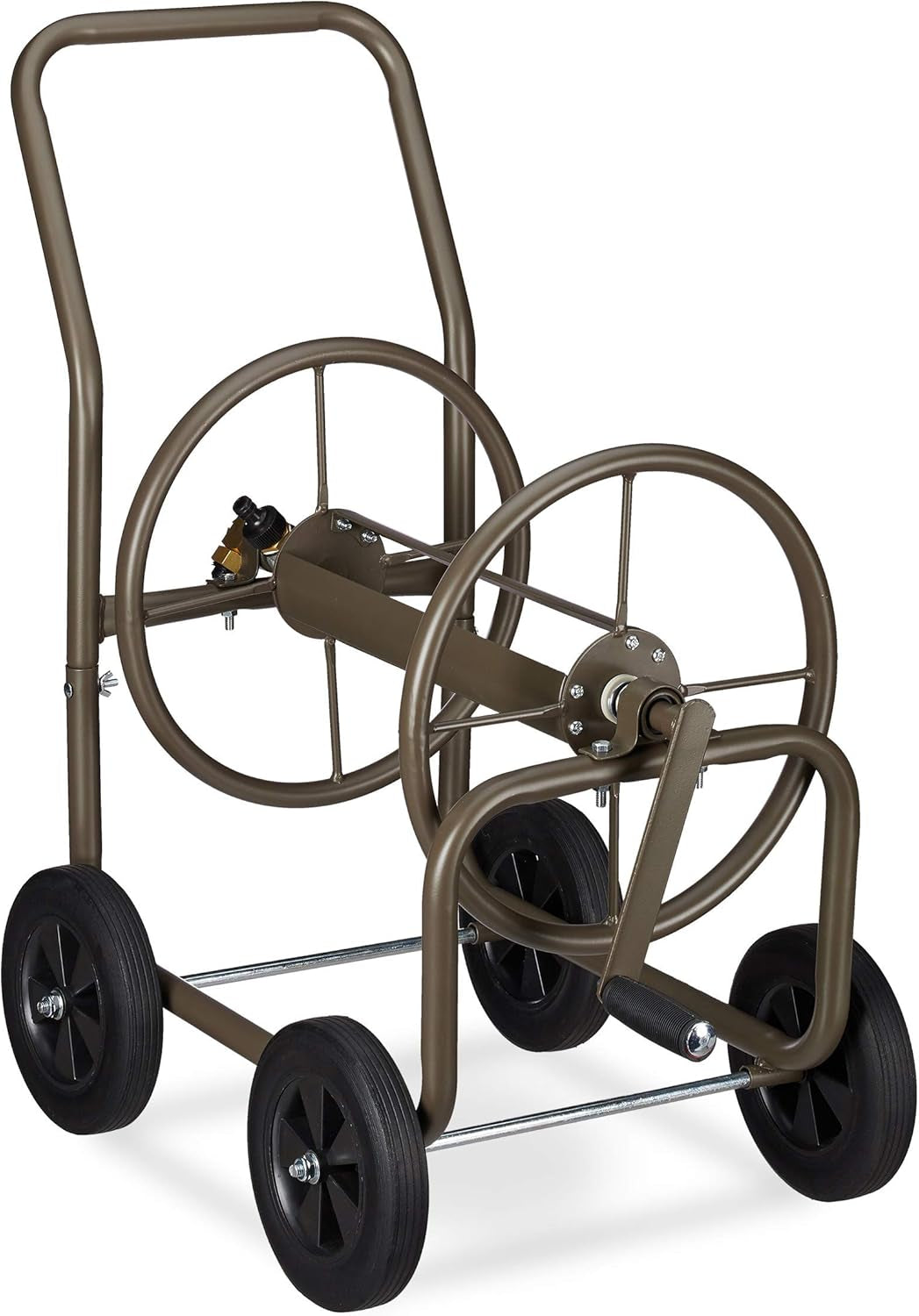 Chariot à tuyau Relaxdays XL, enrouleur de tuyau mobile, en métal, pour tuyau de 60 m, 4 roues, avec manivelle, rouleau 90°, marron