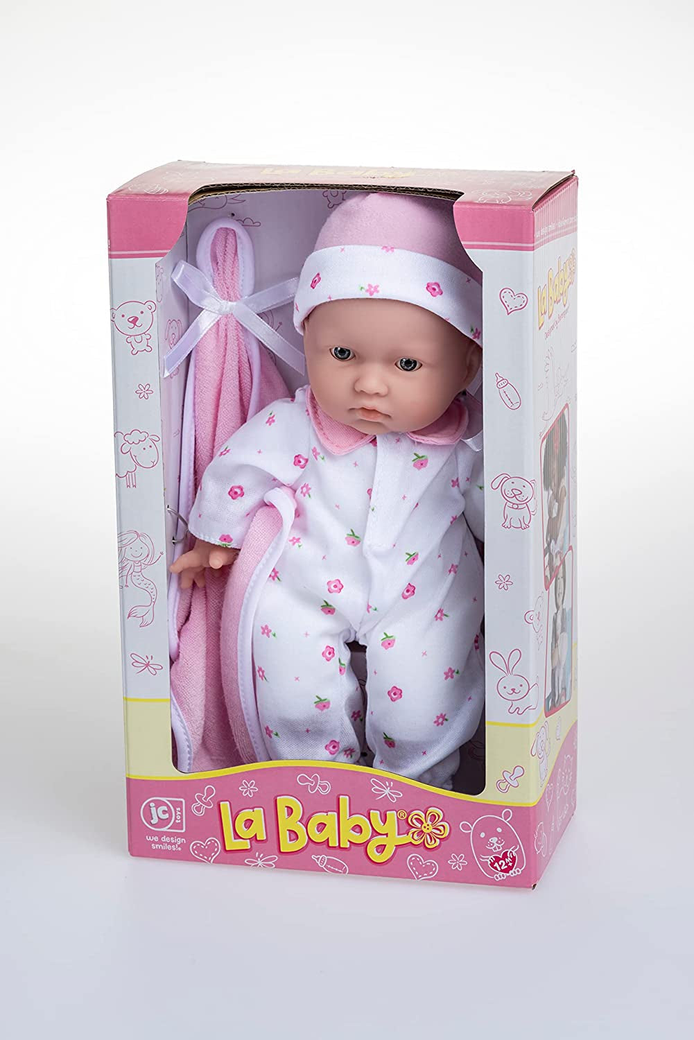 JC Toys La Baby Kaukasisches Babypuppen-Set - Weiche 28 cm Babypuppe, Washbar, Abnehmbares rosa Outfit mit Hut, Decke & Schnuller, Für Kinder ab 12 Monaten