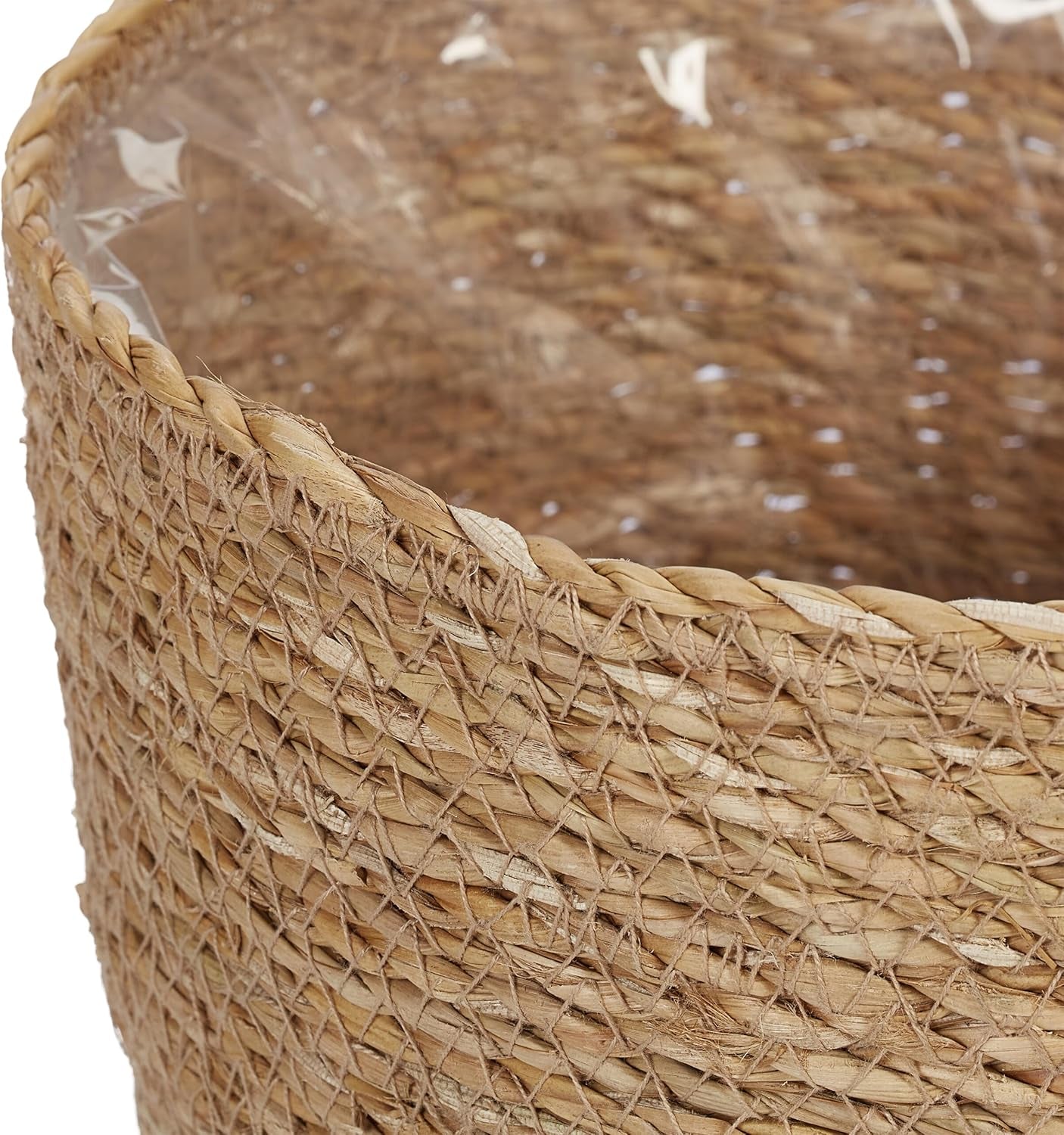 Relaxdays Lot de 3 pots de fleurs en jonc de mer, panier rond pour fleurs et herbes aromatiques, avec film plastique, 3 tailles, naturel