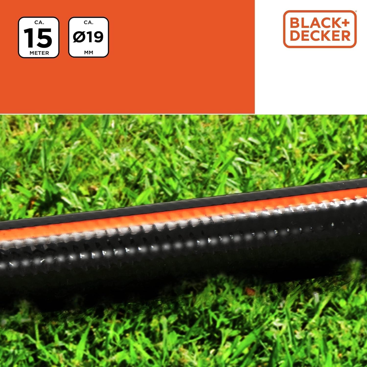 Tuyau d'arrosage BLACK+DECKER 15 mètres - Ø19MM - PVC résistant - Arrosage du jardin, lavage de la voiture, remplissage de la piscine - Compatible avec tout robinet standard - Noir/Orange