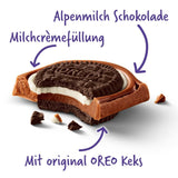 Milka Oreo Sandwich – Chocolat au lait alpin, fourré de morceaux croquants de biscuits Oreo et de crème onctueuse à la vanille – 92g