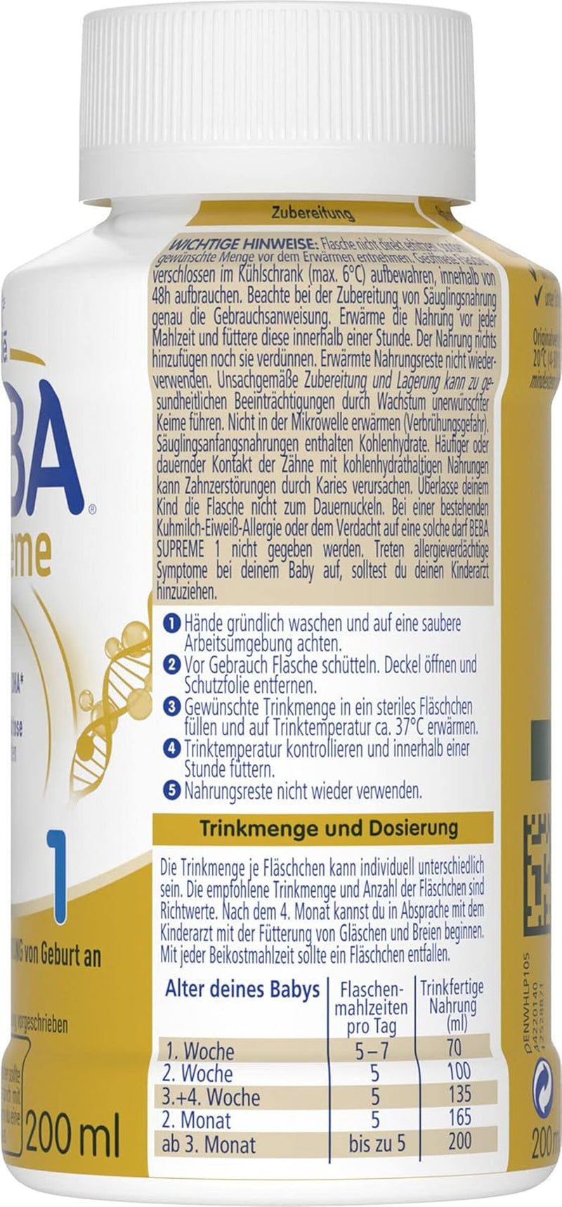 BEBA Nestlé BEBA SUPREME 1 Lait infantile : biberons prêts à boire avec Oméga 3, pack de 4 (1 x 200 ml)