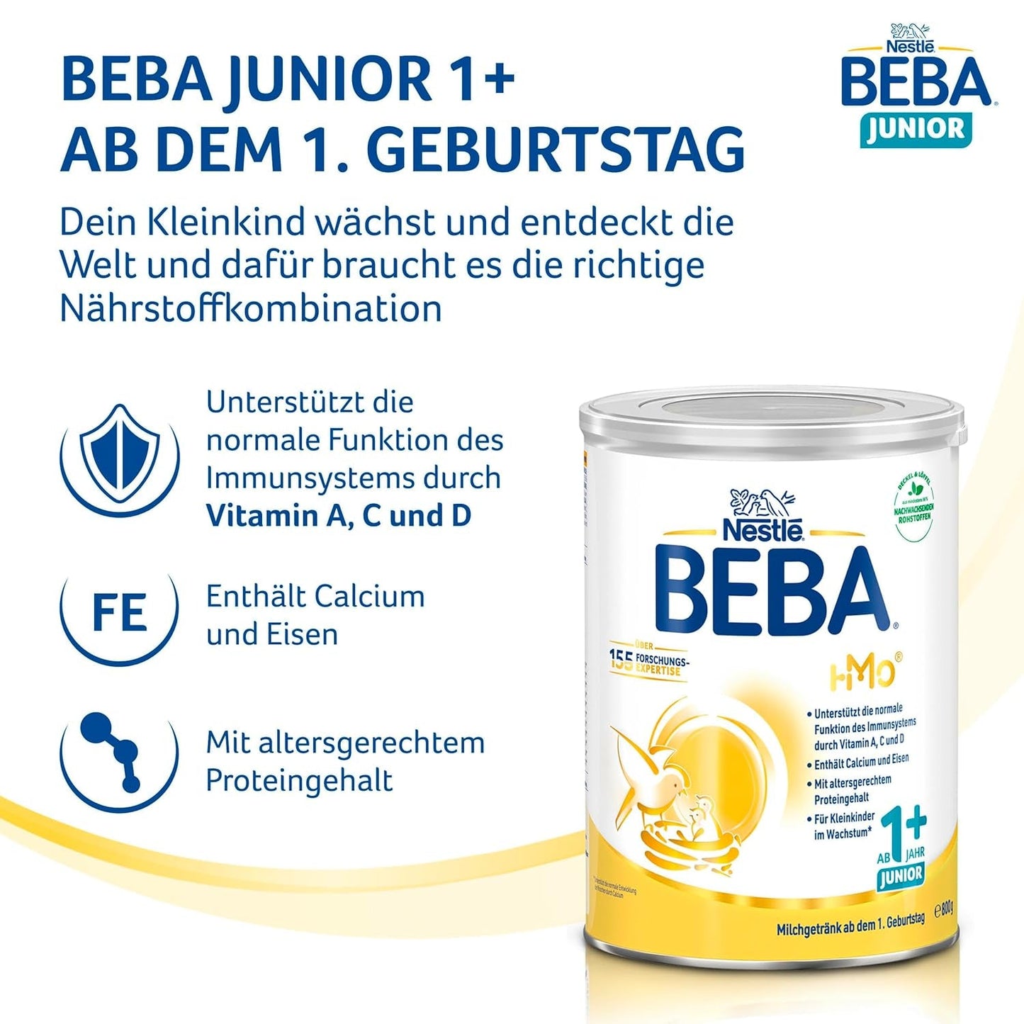 Boisson lactée BEBA Junior 1+ à partir de 1 an, Avec HMO, Teneur en protéines adaptée à l'âge, Lactose uniquement, Sans huile de palme, Sans huile de poisson, Aliments pour tout-petits, Lait en poudre pour bébé, Lot de 3 (3 x 800 g)