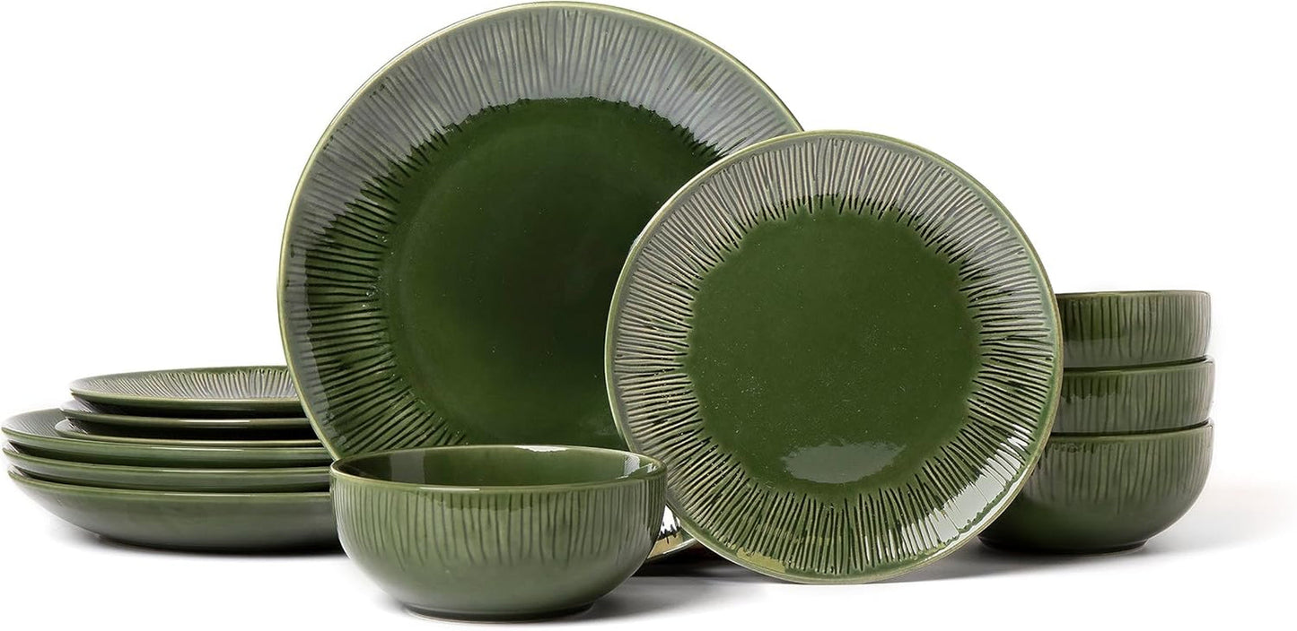 Mikasa Jardin Service de table 12 pièces, service de table en grès pour 4 personnes avec assiettes, assiettes latérales et bols, vert – Coffret cadeau et passe au lave-vaisselle