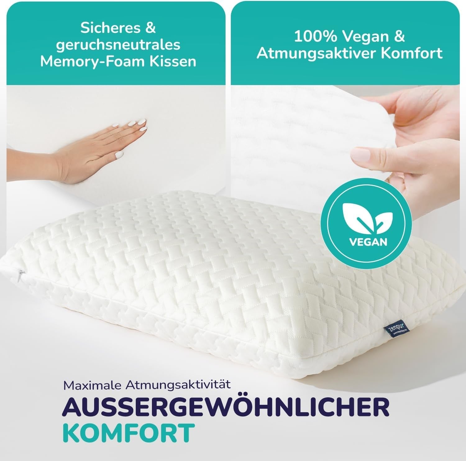 ZenPur Oreiller orthopédique cervical 40 x 60-13 cm, oreiller de tête en mousse à mémoire de forme – Oreiller de sommeil ergonomique pour le cou et les épaules, certifié Oeko-TEX