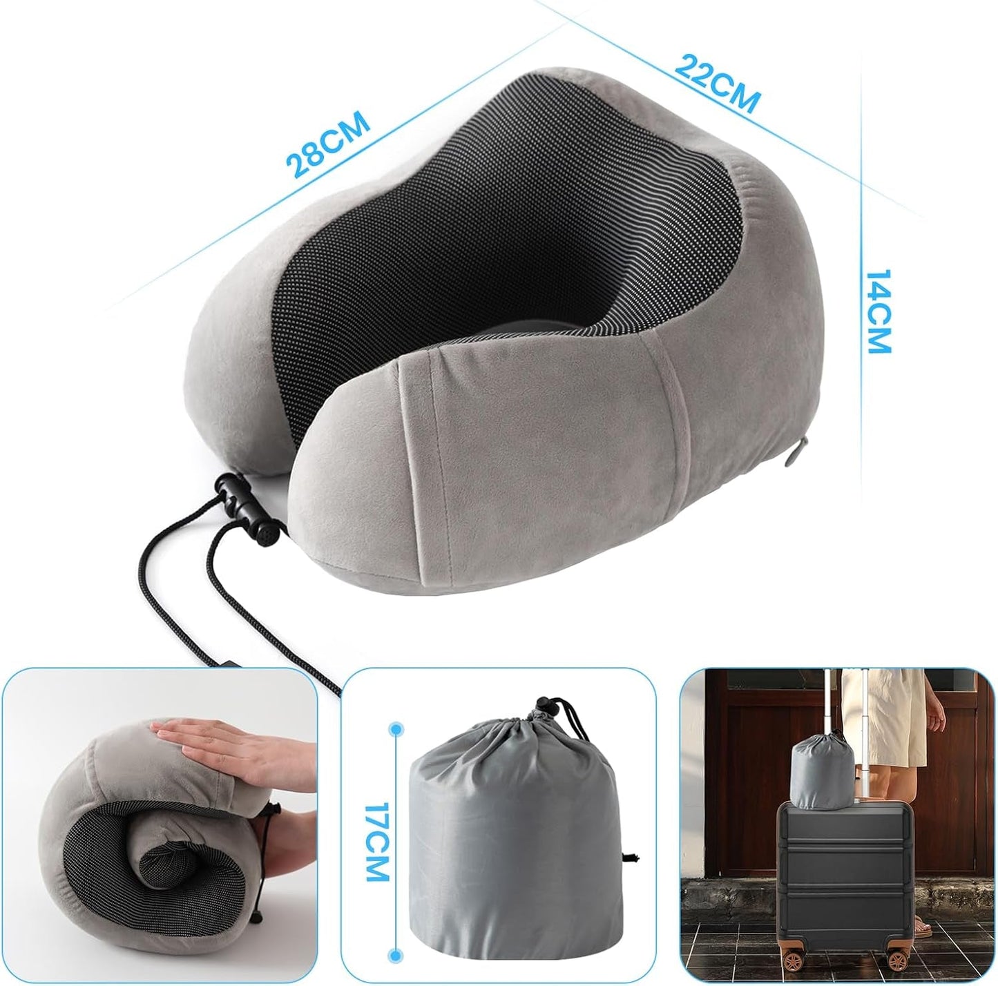 Oreiller cervical, oreiller cervical d'avion, oreiller de voyage, oreiller cervical pour adulte, oreiller cervical de voiture, oreiller de maison, oreiller ergonomique en mousse à mémoire de forme, lavable à dos étroit, réglable, gris