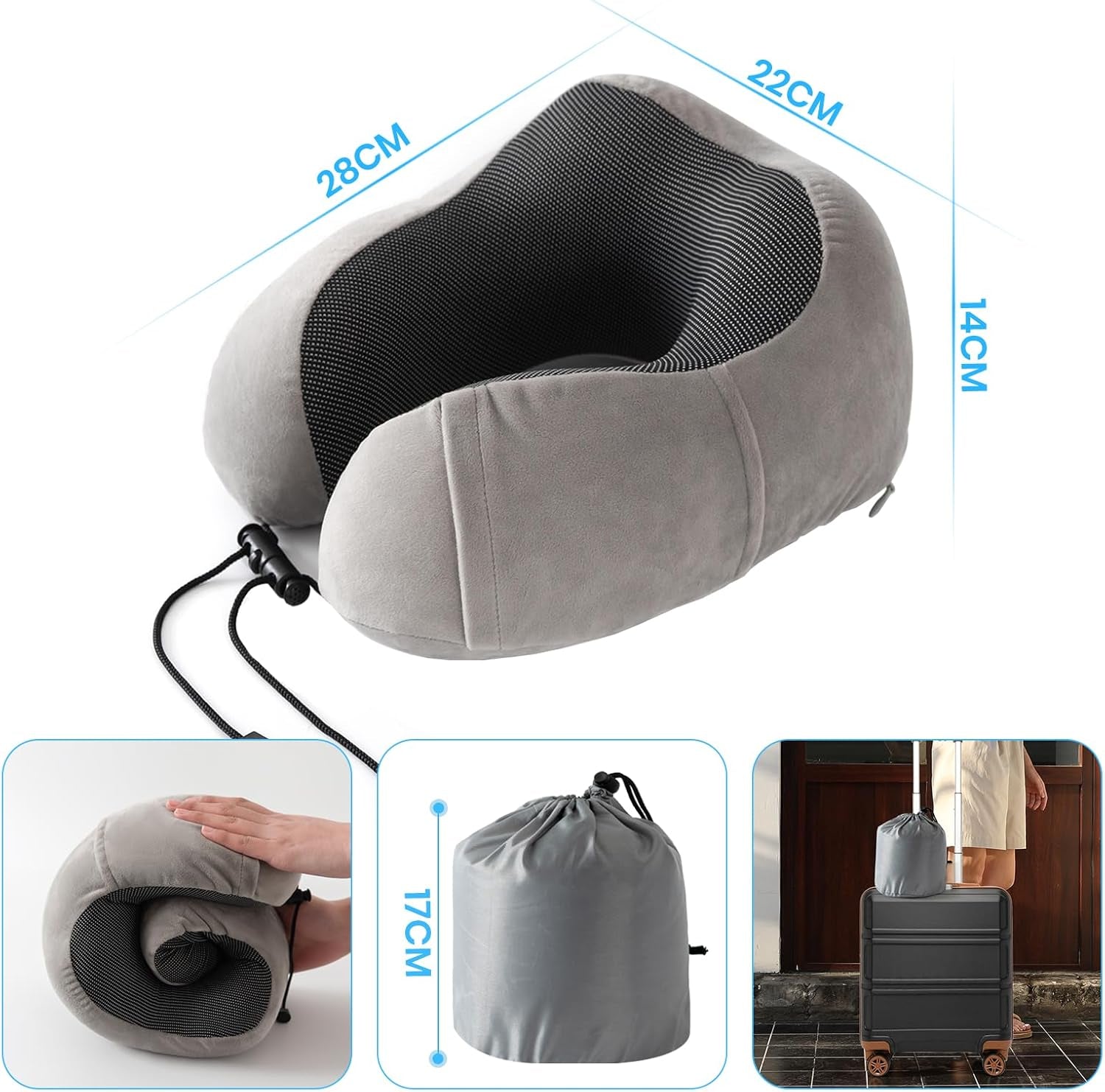Oreiller cervical, oreiller cervical d'avion, oreiller de voyage, oreiller cervical pour adulte, oreiller cervical de voiture, oreiller de maison, oreiller ergonomique en mousse à mémoire de forme, lavable à dos étroit, réglable, gris