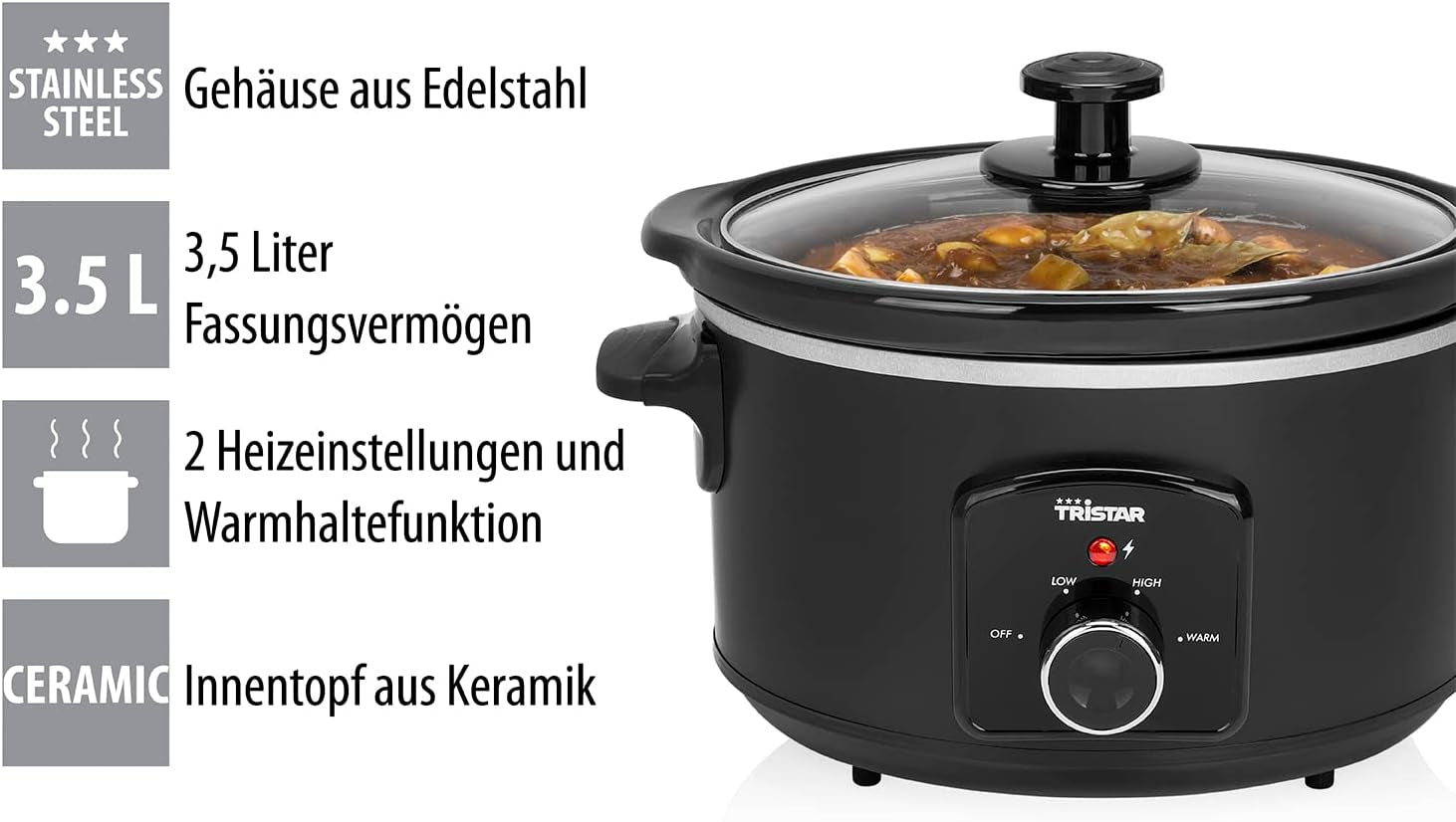 Mijoteuse Tristar VS-3915, marmite en céramique en acier inoxydable avec 2 réglages de chaleur et fonction maintien au chaud, mijoteuse 3,5 L Naty Shop