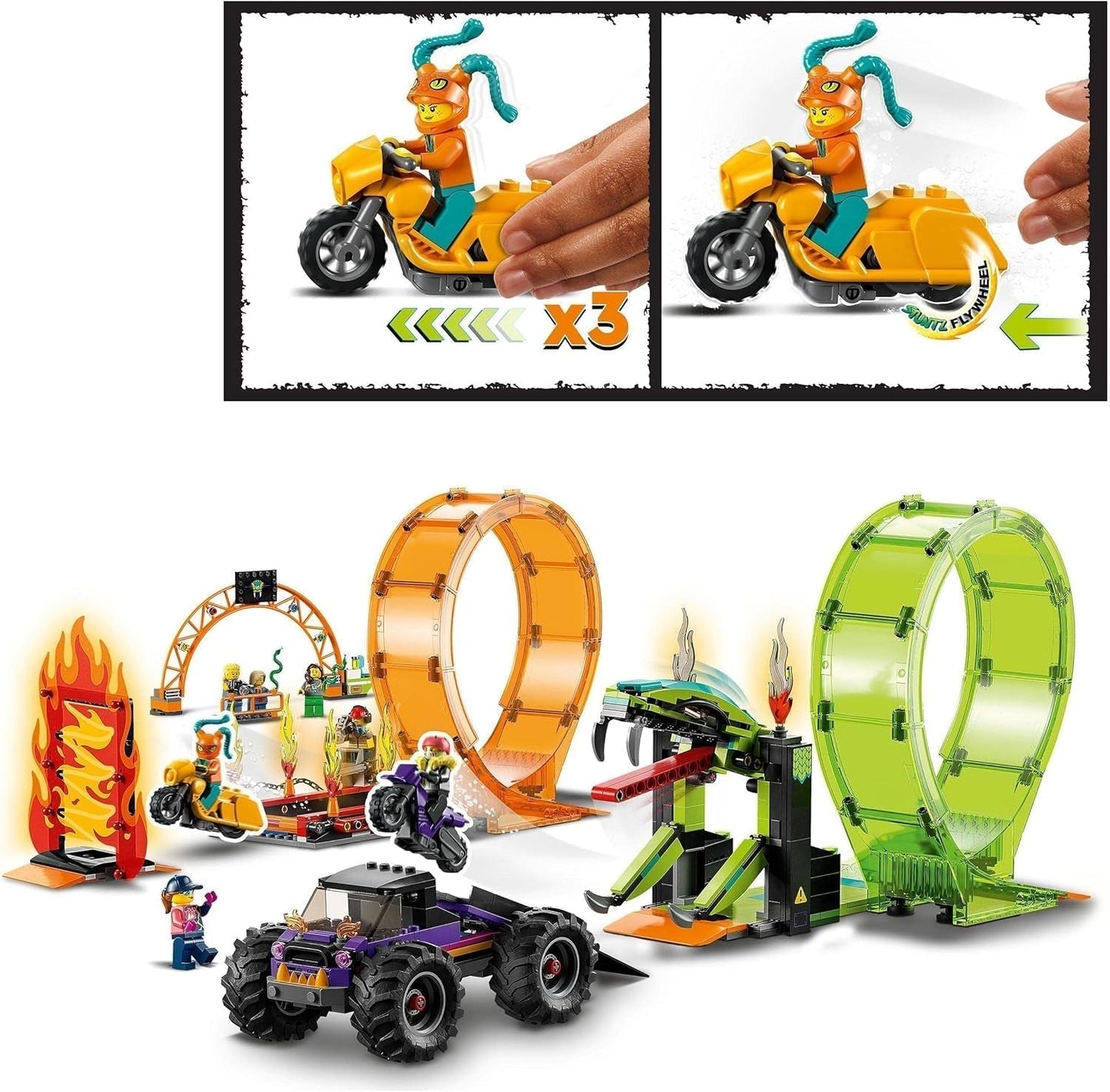 LEGO 60339 City Stuntz Ensemble de double boucle pour le spectacle de cascades, Incl. rampe, camion monstre, 2X moto et 7 figurines, jouet pour enfants à partir de 7 ans Jeux de construction Besuche den LEGO-Store