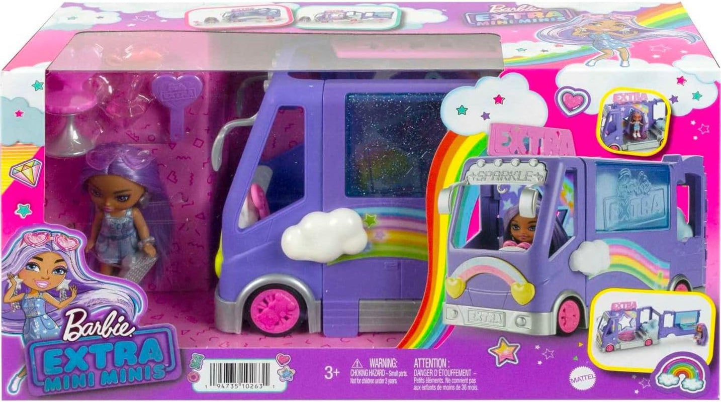Poupée Barbie Extra Mini Minis, poupée Extra Mini Minis avec fourgon de tourisme à paillettes supplémentaires, comprenant une station de maquillage et des accessoires de spectacle, cadeau pour enfants, jouet pour 3 ans et plus, HKF84