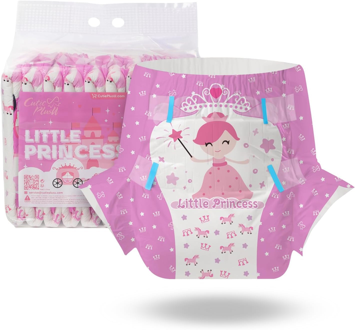 CutiePlusU Couches pour adultes, 10 pièces, culottes jetables pour incontinence avec drap pour femmes et hommes, absorption maximale pendant la nuit – Petite princesse (grande taille 94-119 cm)