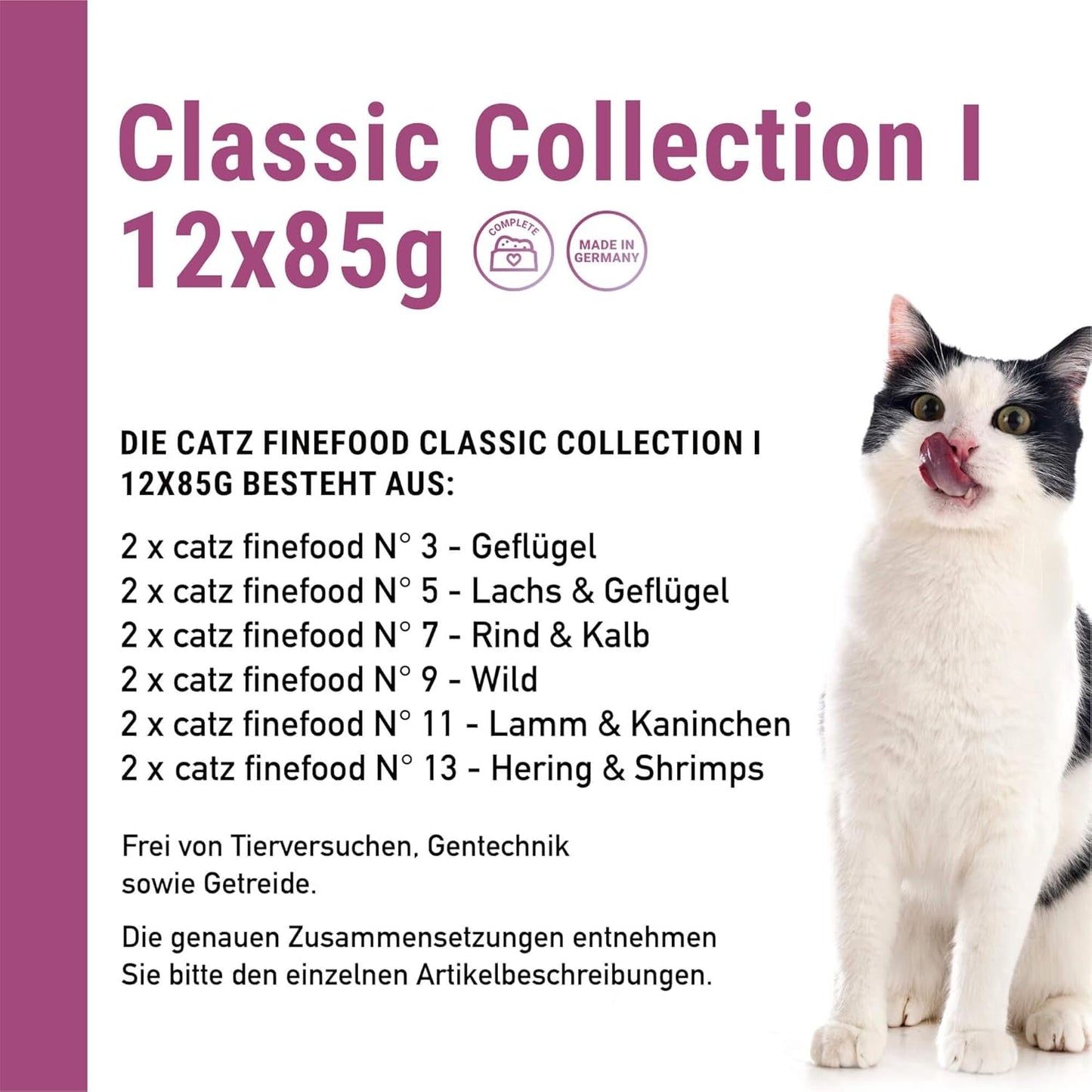 Catz Finefood Classic Collection Mixed Pack Nourriture humide pour chat - Nourriture humide gourmande pour votre chat, sans céréales et sans sucre, à haute teneur en viande, 24 sachets x 85 g