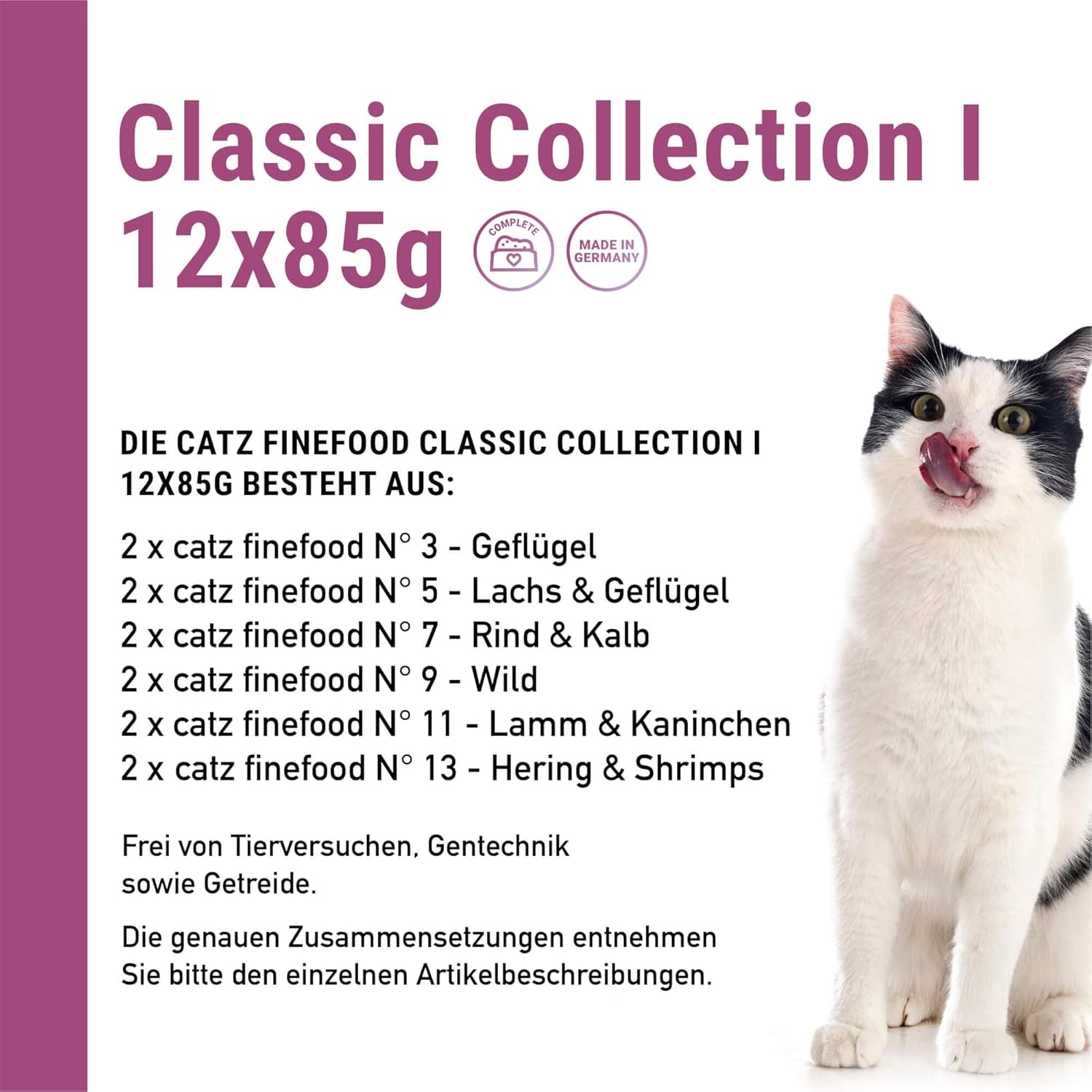 Catz Finefood Classic Collection Mixed Pack Nourriture humide pour chat - Nourriture humide gourmande pour votre chat, sans céréales et sans sucre, à haute teneur en viande, 24 sachets x 85 g