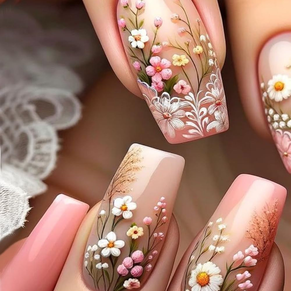 24 pièces presse longue sur les ongles cercueil ongles artificiels fleur de papillon ongles adhésifs blanc marron ensemble d'ongles en acrylique conseils d'ongles femmes printemps été accessoires pour ongles