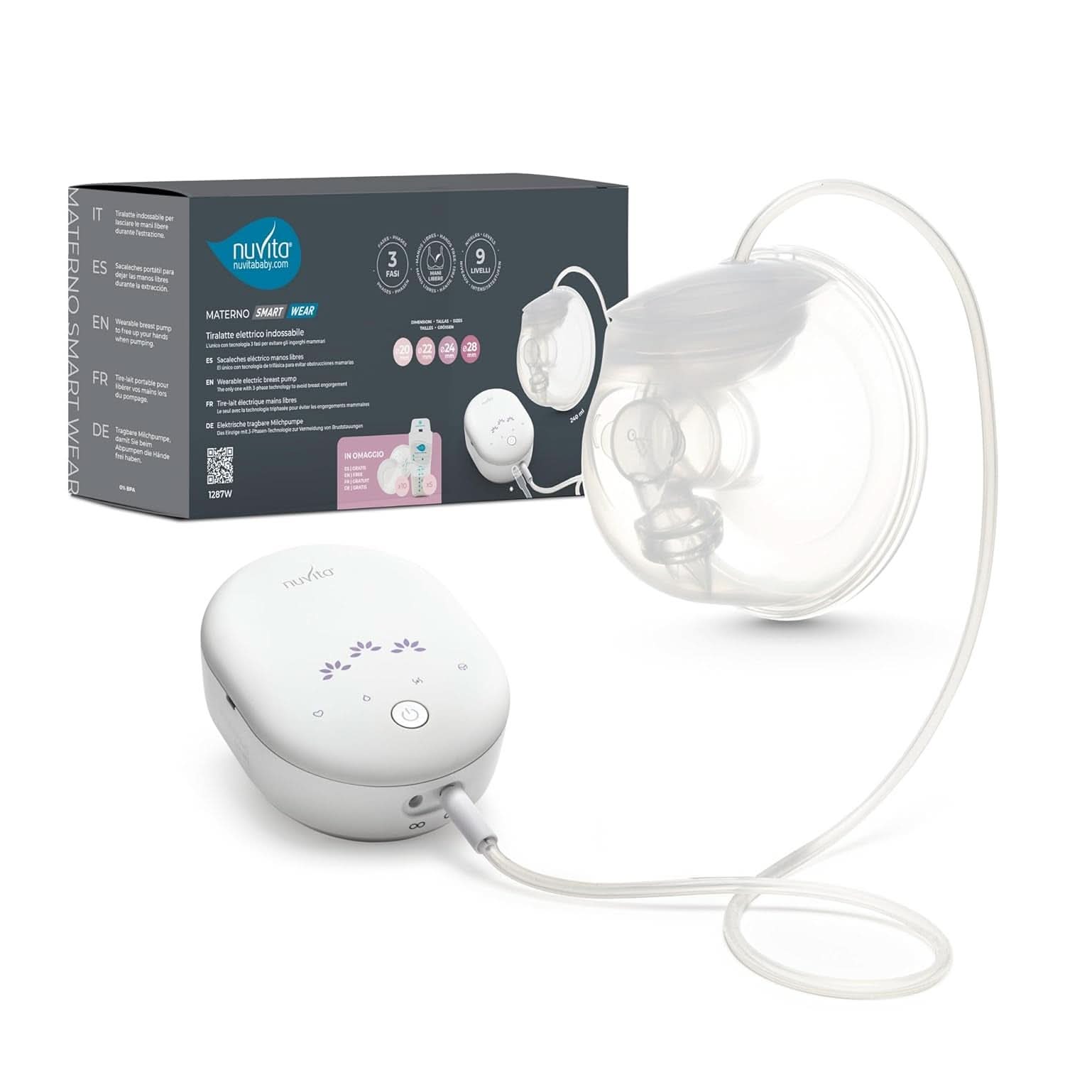 Nuvita Materno Smart Wear 1287W - Tire-lait électrique portable mains libres - Technologie triphasée, personnalisable, portable, kit de conversion double tire-lait disponible Accessoires Alimentation et Allaitement Bebe Naty Shop