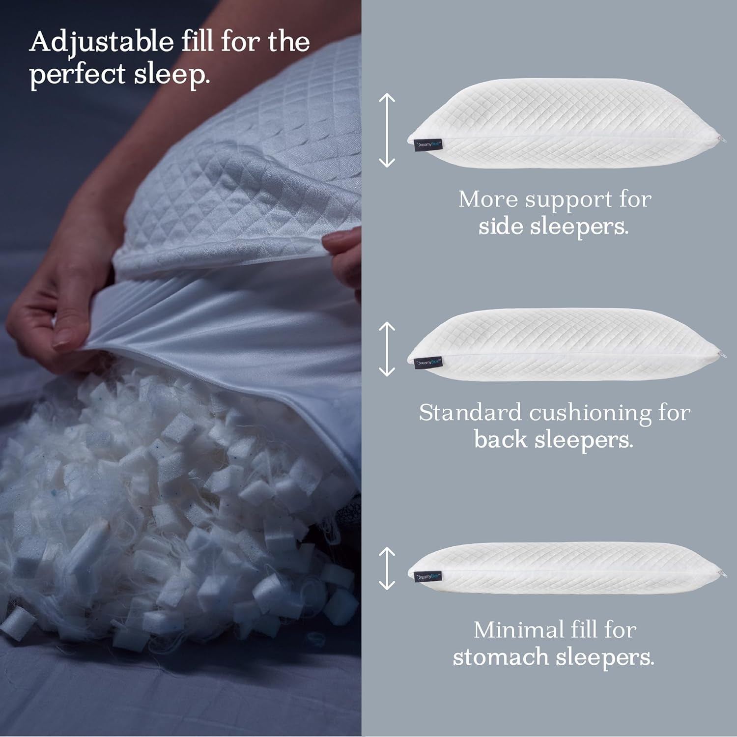 Oreiller de sommeil Dreamyblue Premium - Remplissage en mousse à mémoire de forme déchiquetée [Loft réglable] Housse en viscose de bambou lavable - Pour côtés coulissants, dos et ventre - Oreillers standard Naty Shop