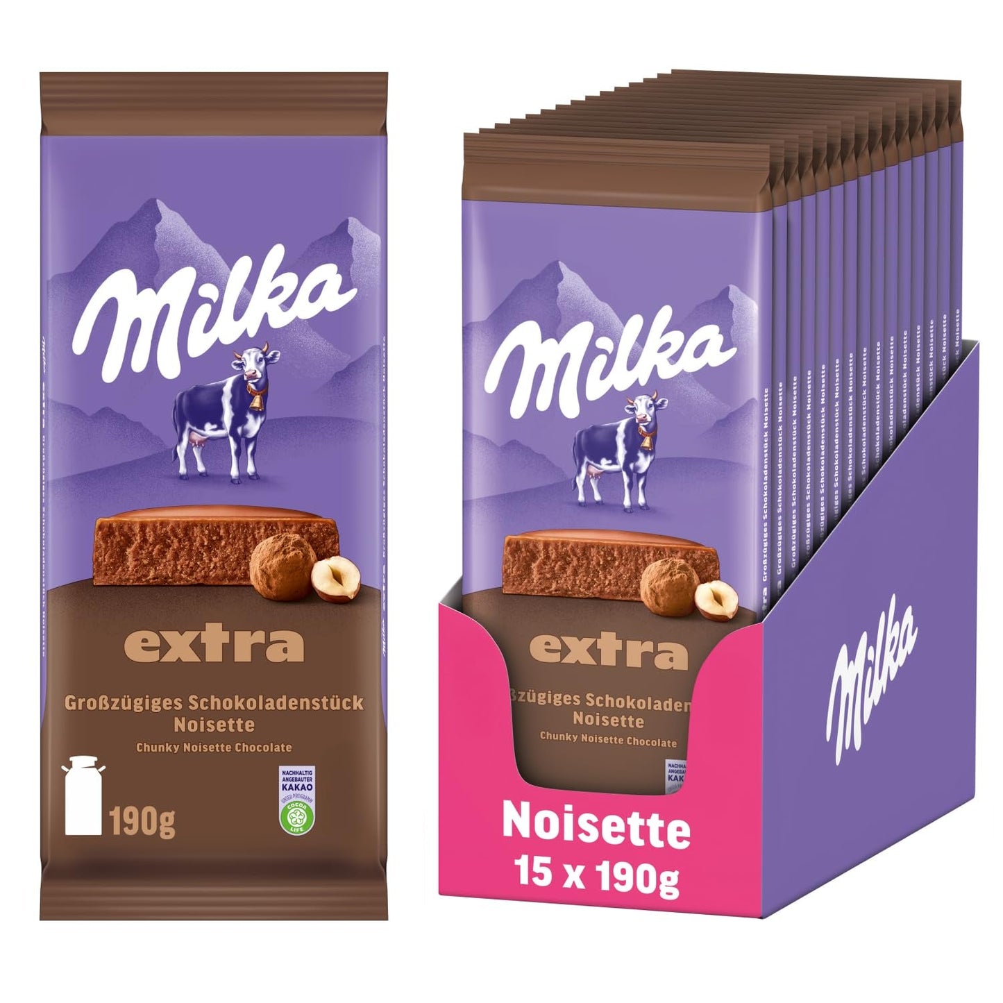 Milka Extra Noisette – Chocolat au lait alpin fourré délicatement et crémeux aux noisettes – 15 x 190 g