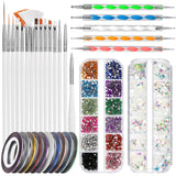 FANDAMEI Nail Art Brush Set, 15 pièces de pinceaux pour pinceaux à ongles en gel, 5 pièces de stylos à points, 10 rouleaux de pinceaux à bandes, des pinceaux à strass, des paillettes ultra fines pour vernis à ongles