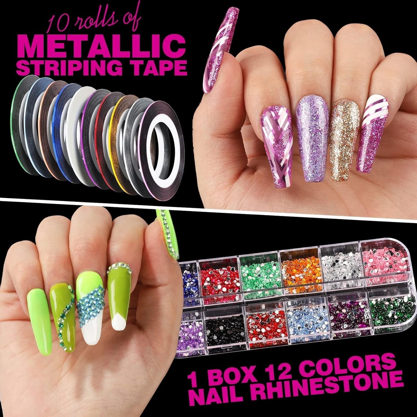 FANDAMEI 54 Blätter Wassertransfer Nagelsticker & Nail Art Pinsel Set, Stylos à pointillés, Blattgold pour l'art de l'art, bande de strass, strass, travail et décoration, ensemble pour l'art de l'art
