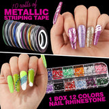 FANDAMEI 54 Blätter Wassertransfer Nagelsticker & Nail Art Pinsel Set, Stylos à pointillés, Blattgold pour l'art de l'art, bande de strass, strass, travail et décoration, ensemble pour l'art de l'art