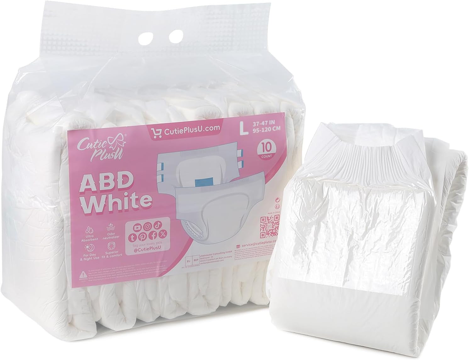 CutiePlusU Lot de 10 couches jetables pour incontinence avec boucles pour femme et homme, absorption maximale pendant la nuit – Bleu (grande taille 94-119 cm)