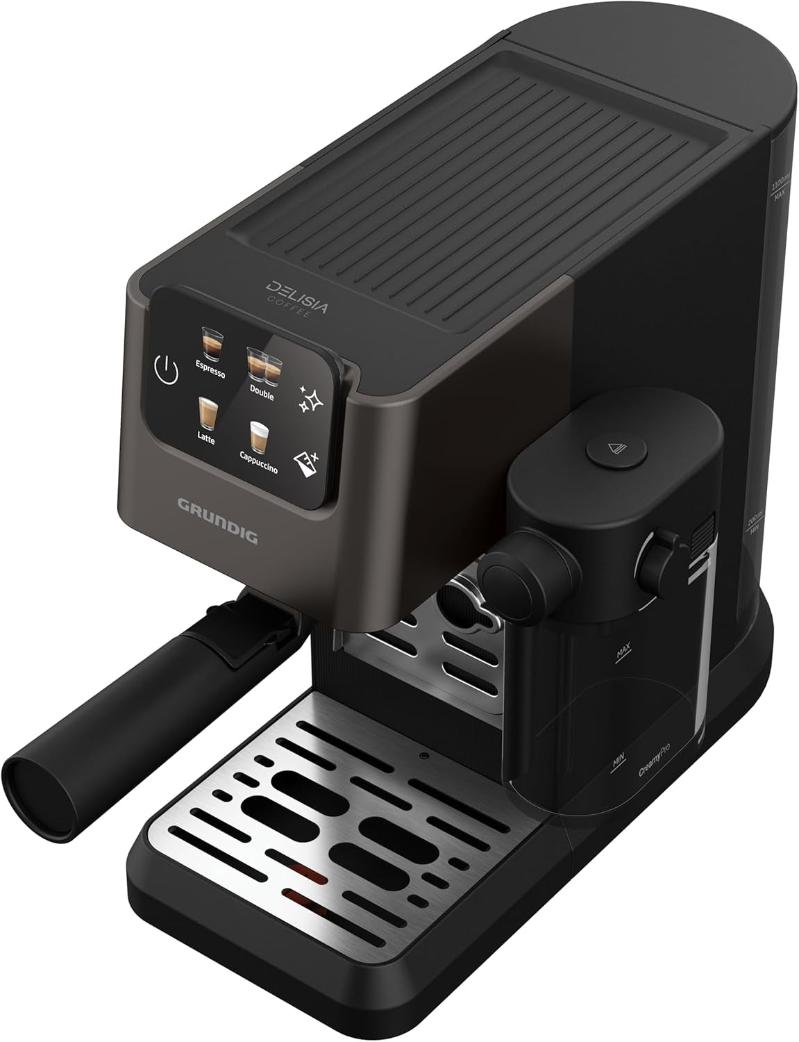 Machine à expresso porte-filtre GRUNDIG KSM 5330 avec réservoir à lait intégré, puissance 1628 W, pression de pompe 15 bar, double buse, écran tactile couleur, BrewSense, CreamyPro, acier inoxydable foncé/noir
