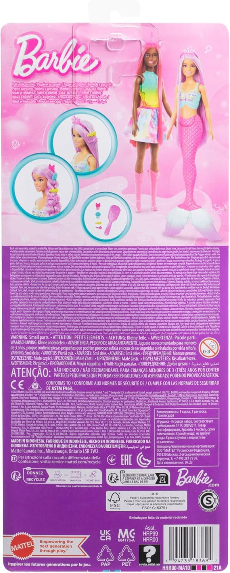 Poupée Barbie Sirène - avec de longs cheveux roses et des accessoires de coiffure personnalisés, dont une brosse, une jolie coquille et des nageoires roses, pour 3 ans et plus, HRR00 Naty Shop Dolls