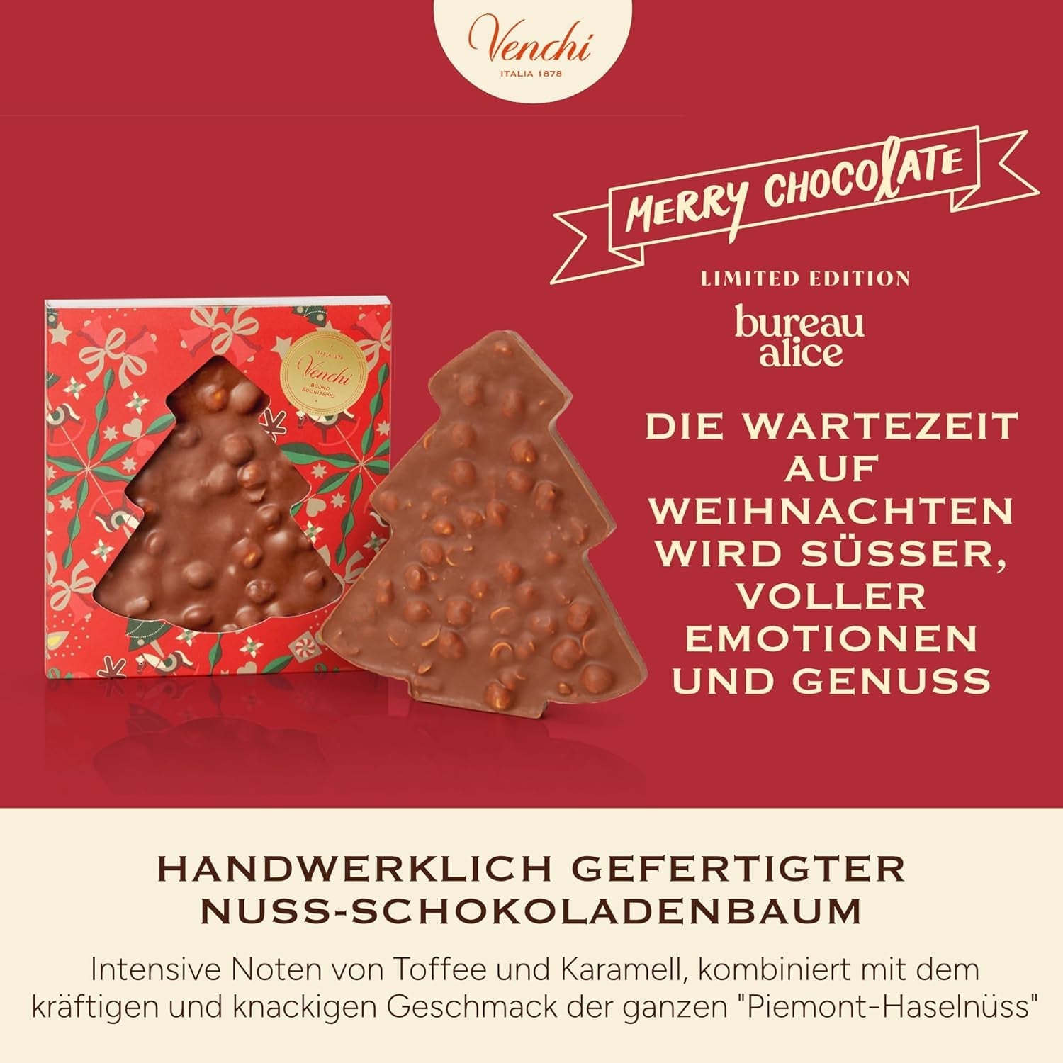 Venchi, Brutto&Buono, Barre de Chocolat au Lait en Forme de Sapin "Noisette de la Forêt du Piémont" Fait Main, 200g, Sans Gluten, Collection de Noël en Édition Limitée, Idée Cadeau